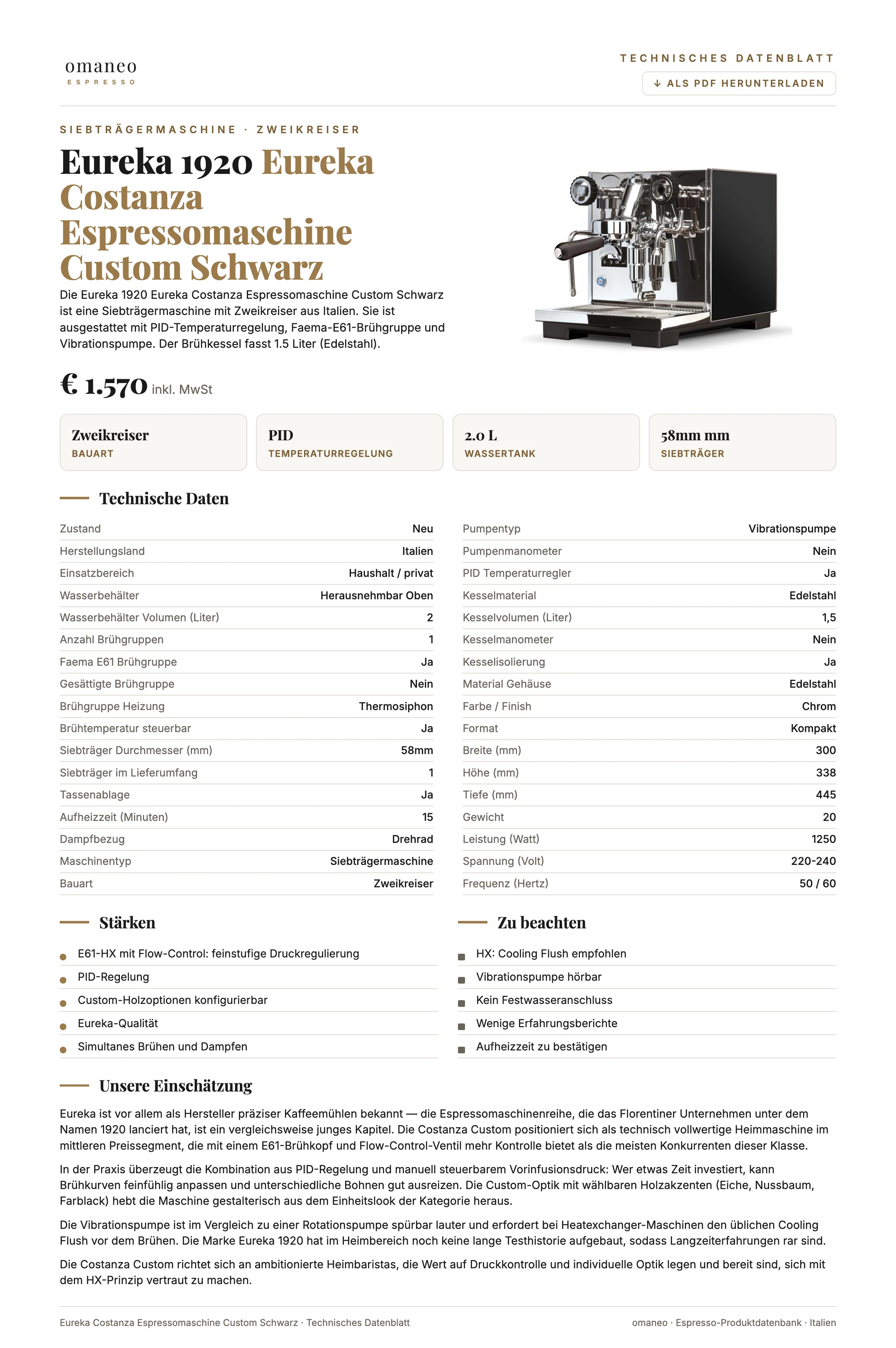 Technisches Datenblatt Eureka Costanza Espressomaschine Custom Schwarz