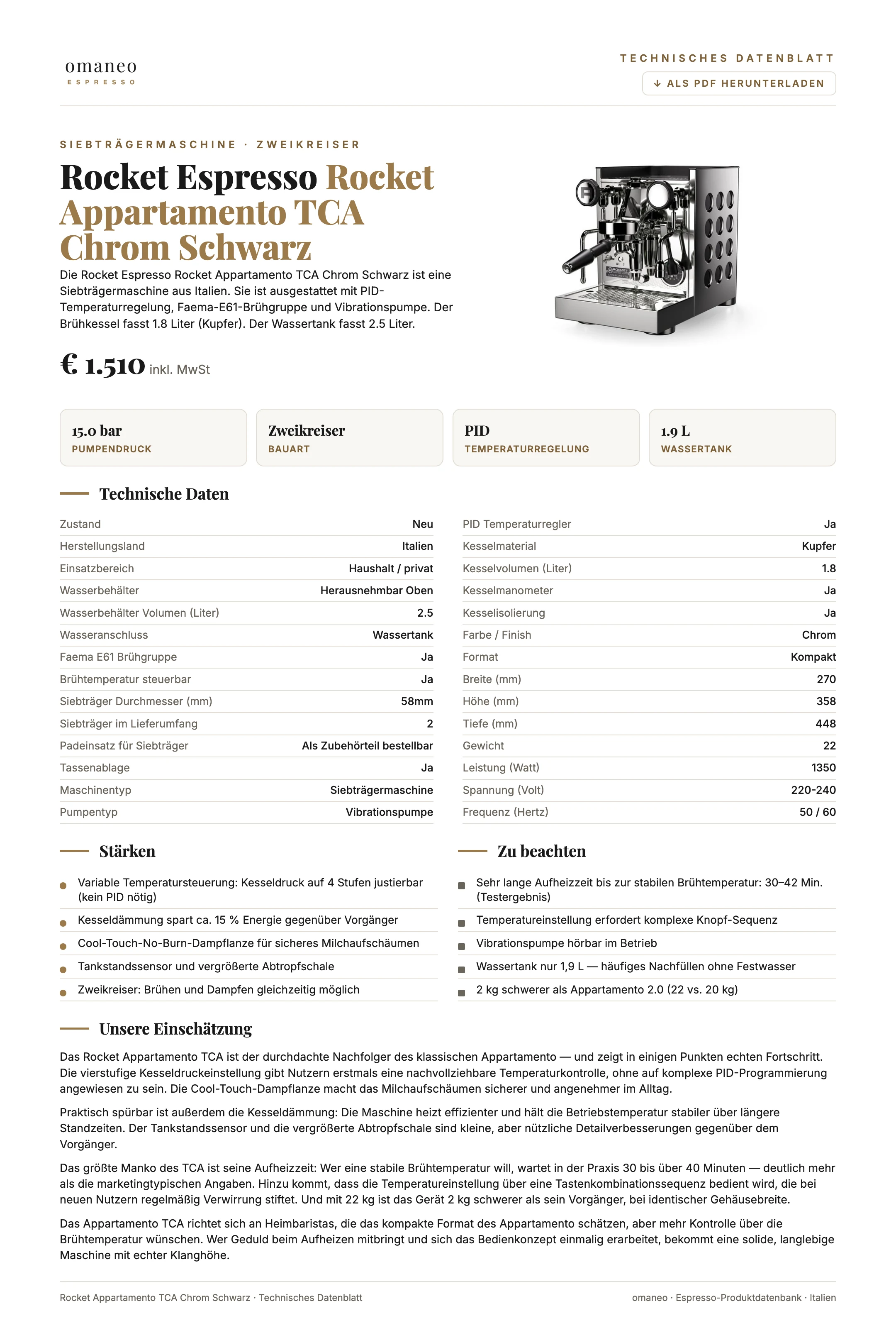 Technisches Datenblatt Rocket Appartamento TCA Chrom Schwarz