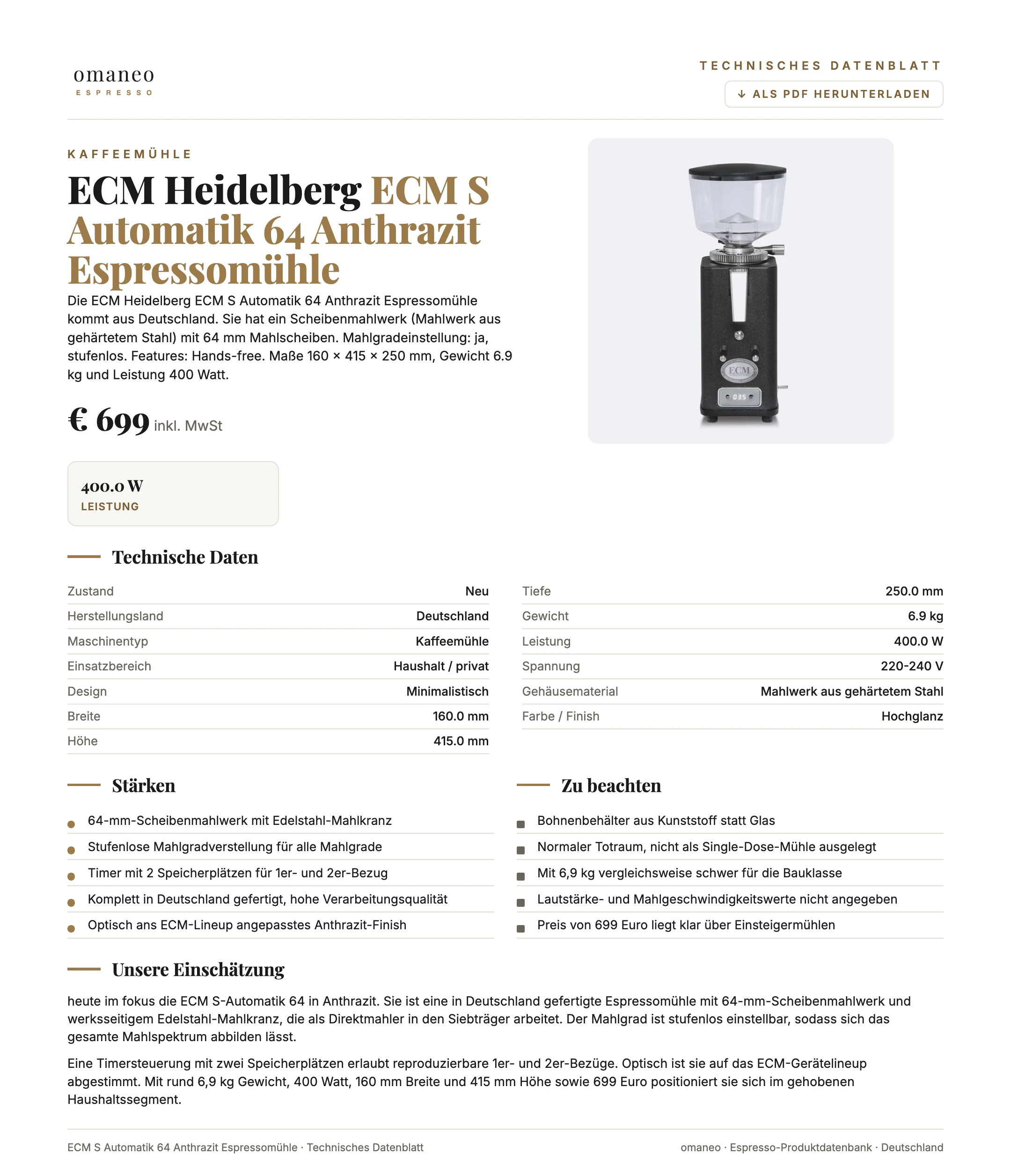 Technisches Datenblatt ECM S Automatik 64 Anthrazit Espressomühle