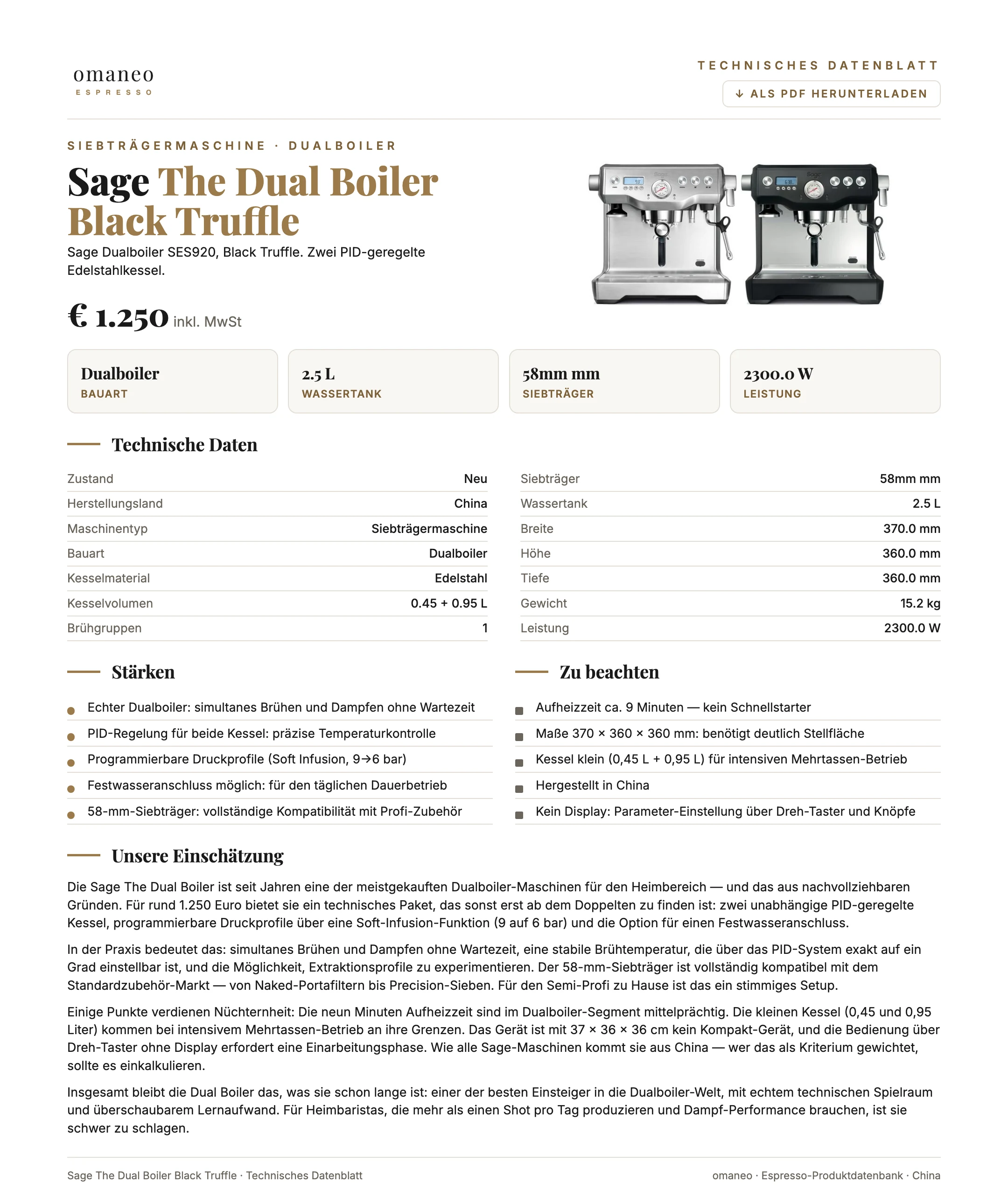 Technisches Datenblatt The Dual Boiler Black Truffle