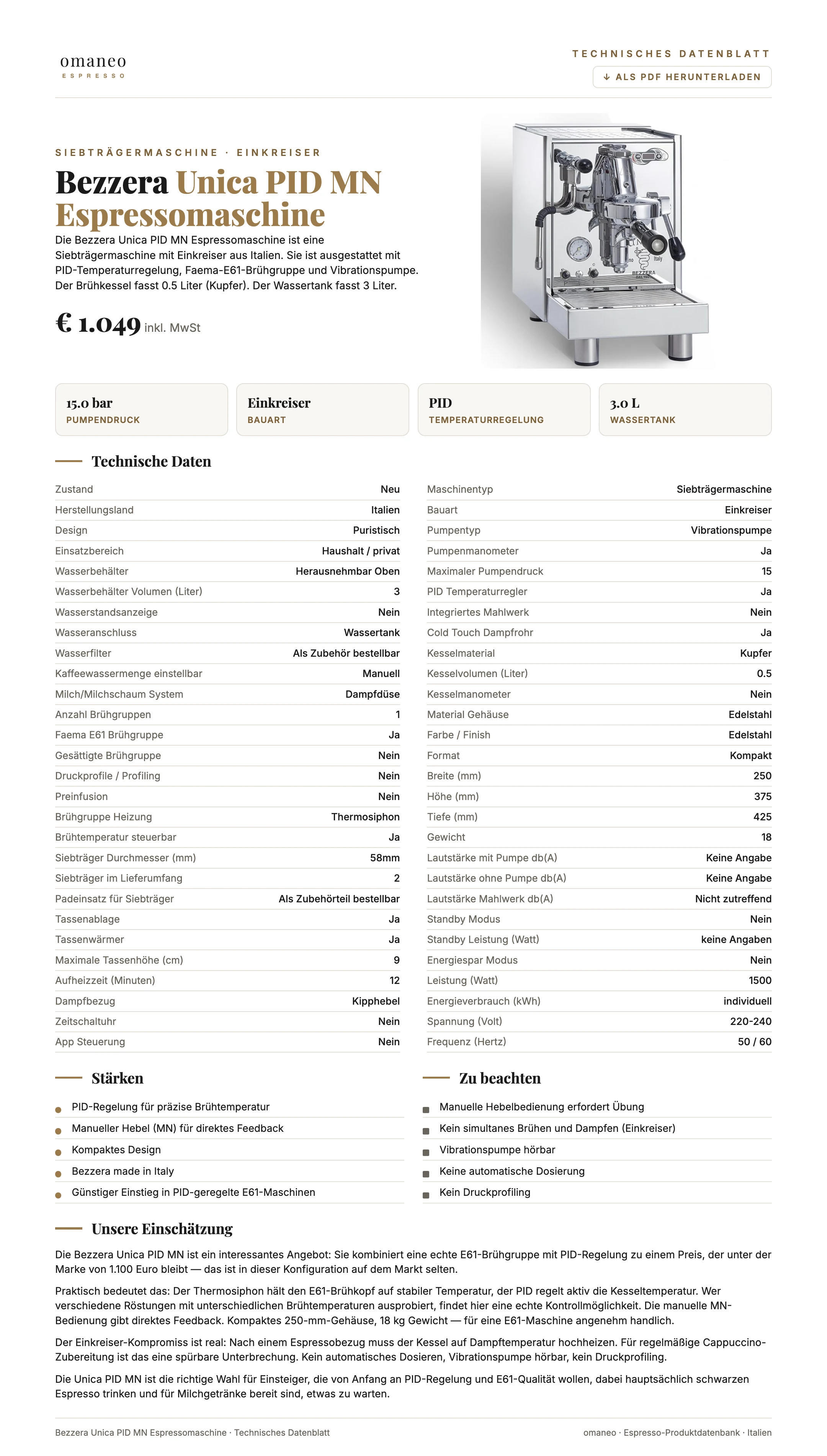 Technisches Datenblatt Unica PID MN Espressomaschine