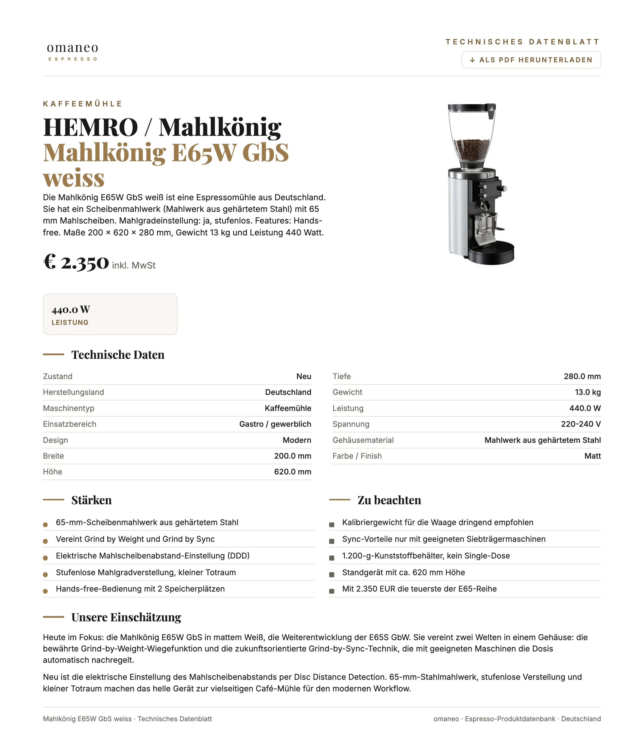 Technisches Datenblatt Mahlkönig E65W GbS weiss