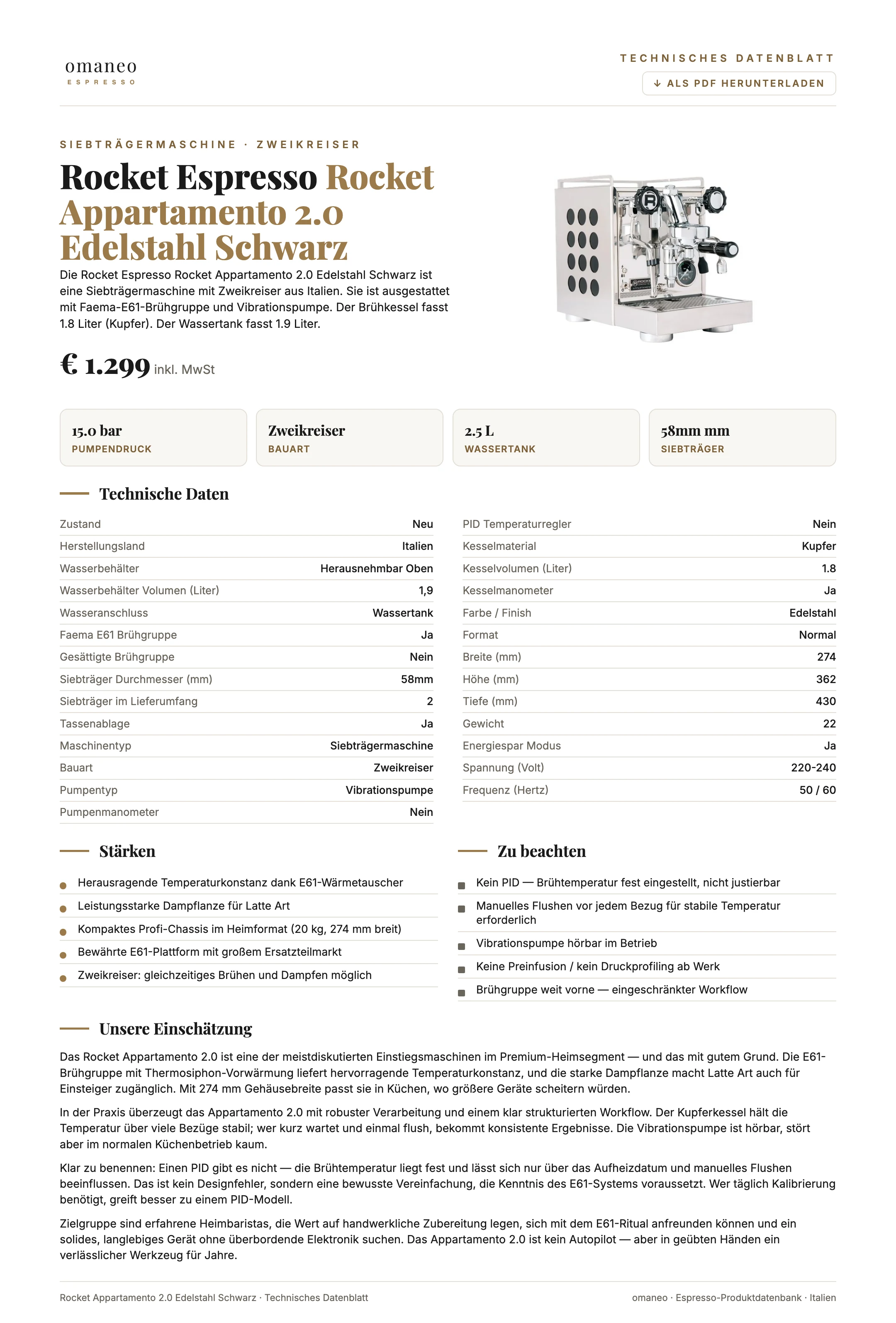 Technisches Datenblatt Rocket Appartamento 2.0 Edelstahl Schwarz
