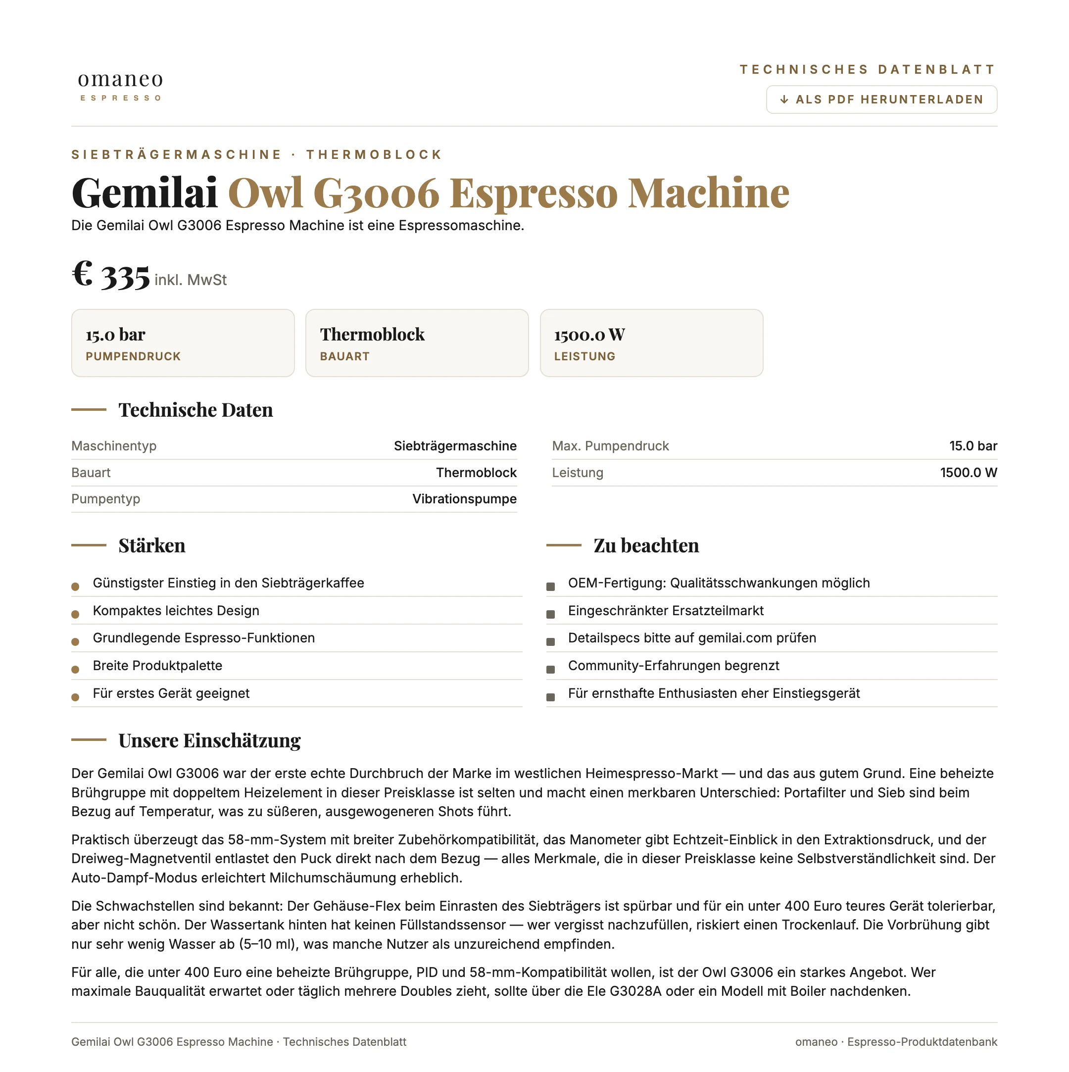 Technisches Datenblatt Owl G3006 Espresso Machine