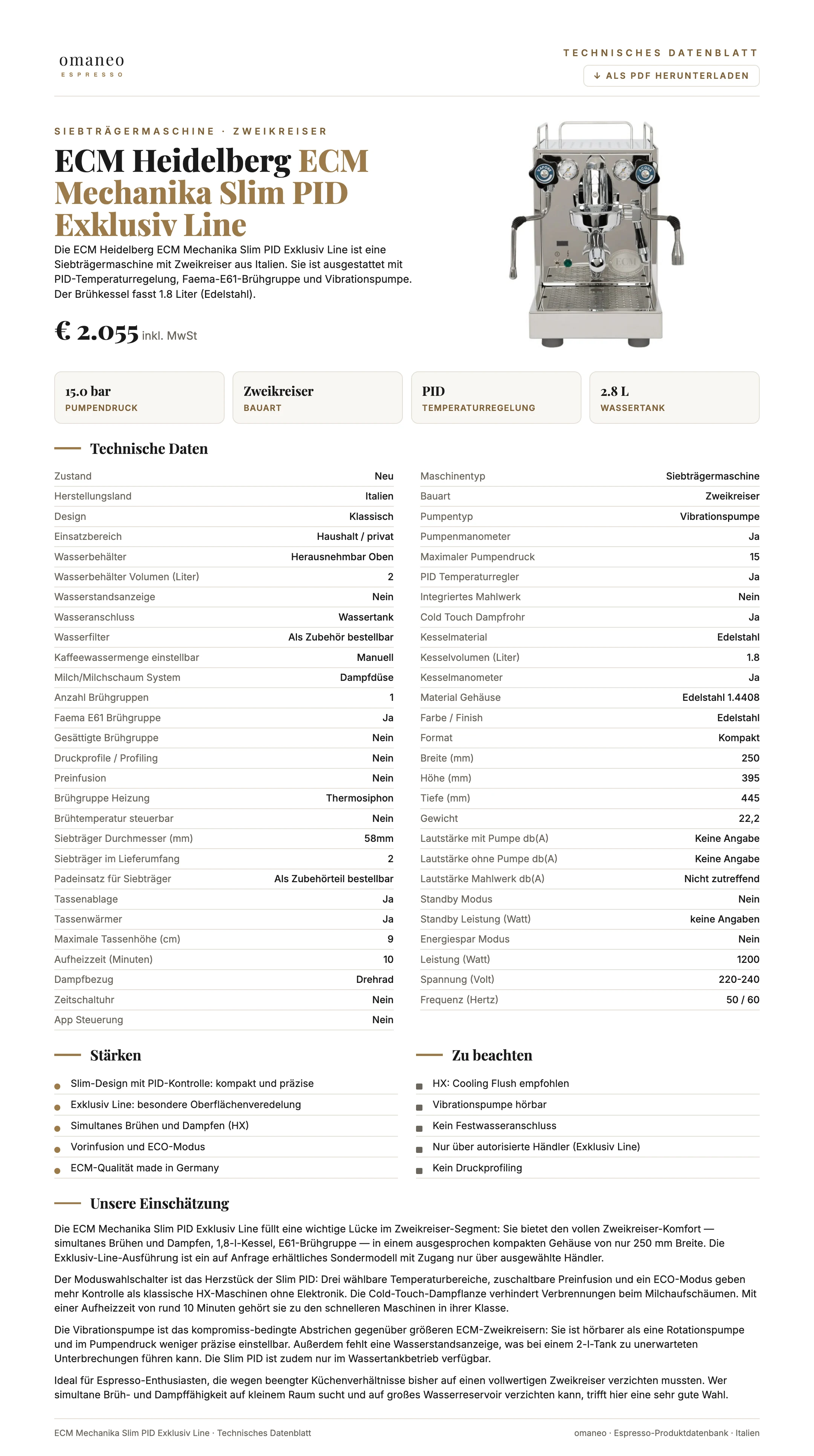 Technisches Datenblatt ECM Mechanika Slim PID Exklusiv Line