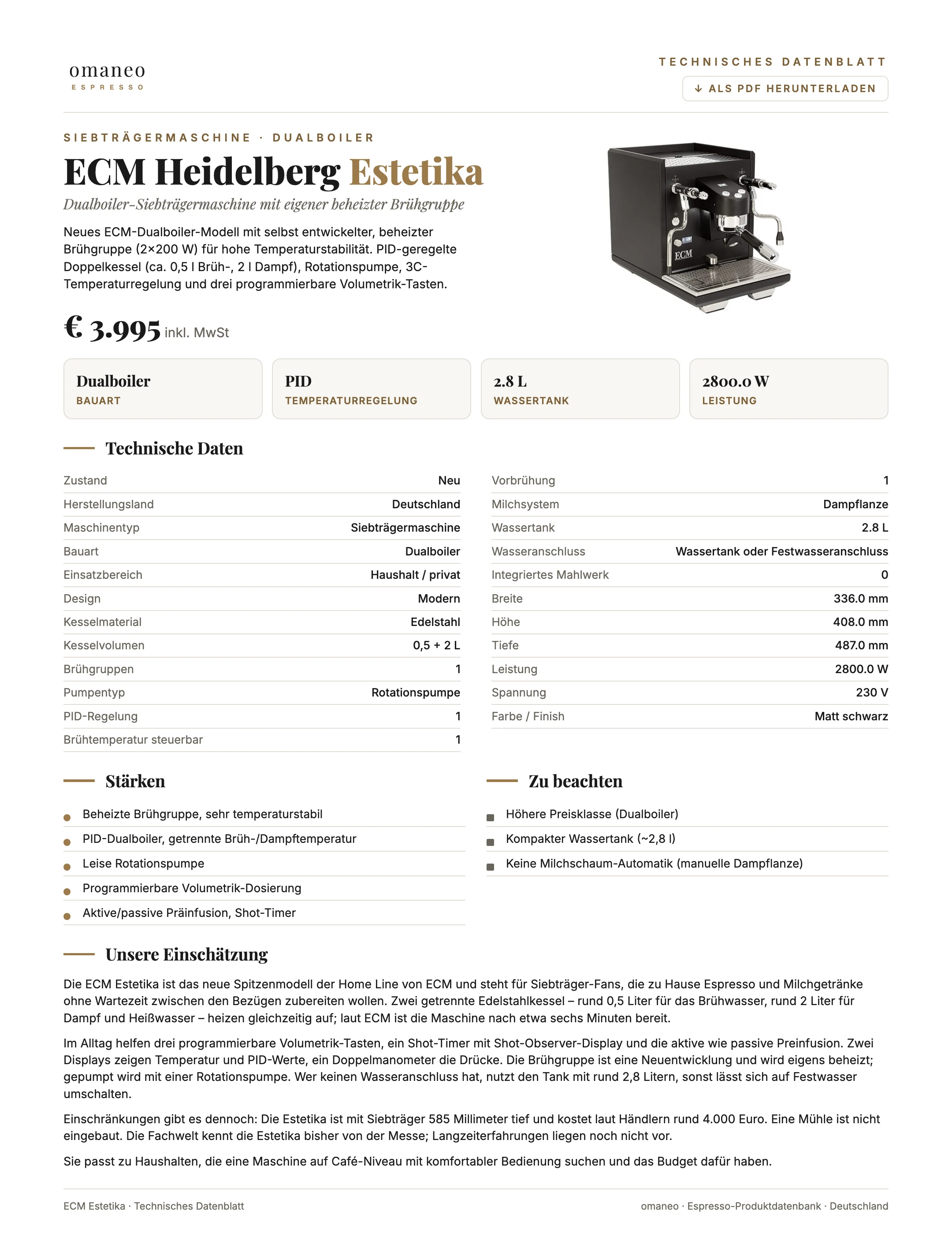 Technisches Datenblatt ECM Estetika