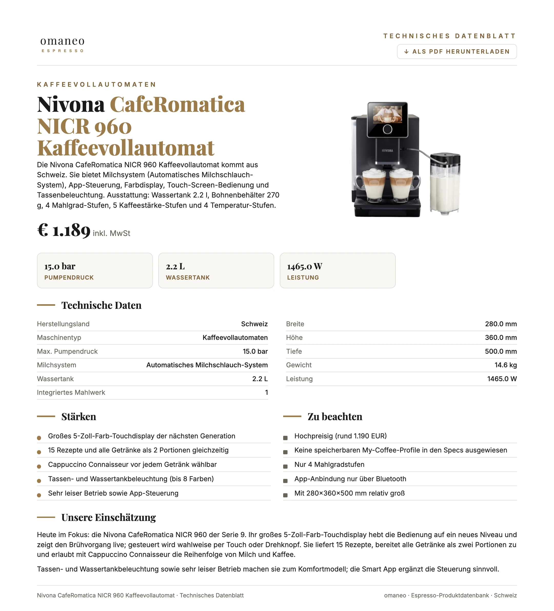 Technisches Datenblatt CafeRomatica NICR 960 Kaffeevollautomat
