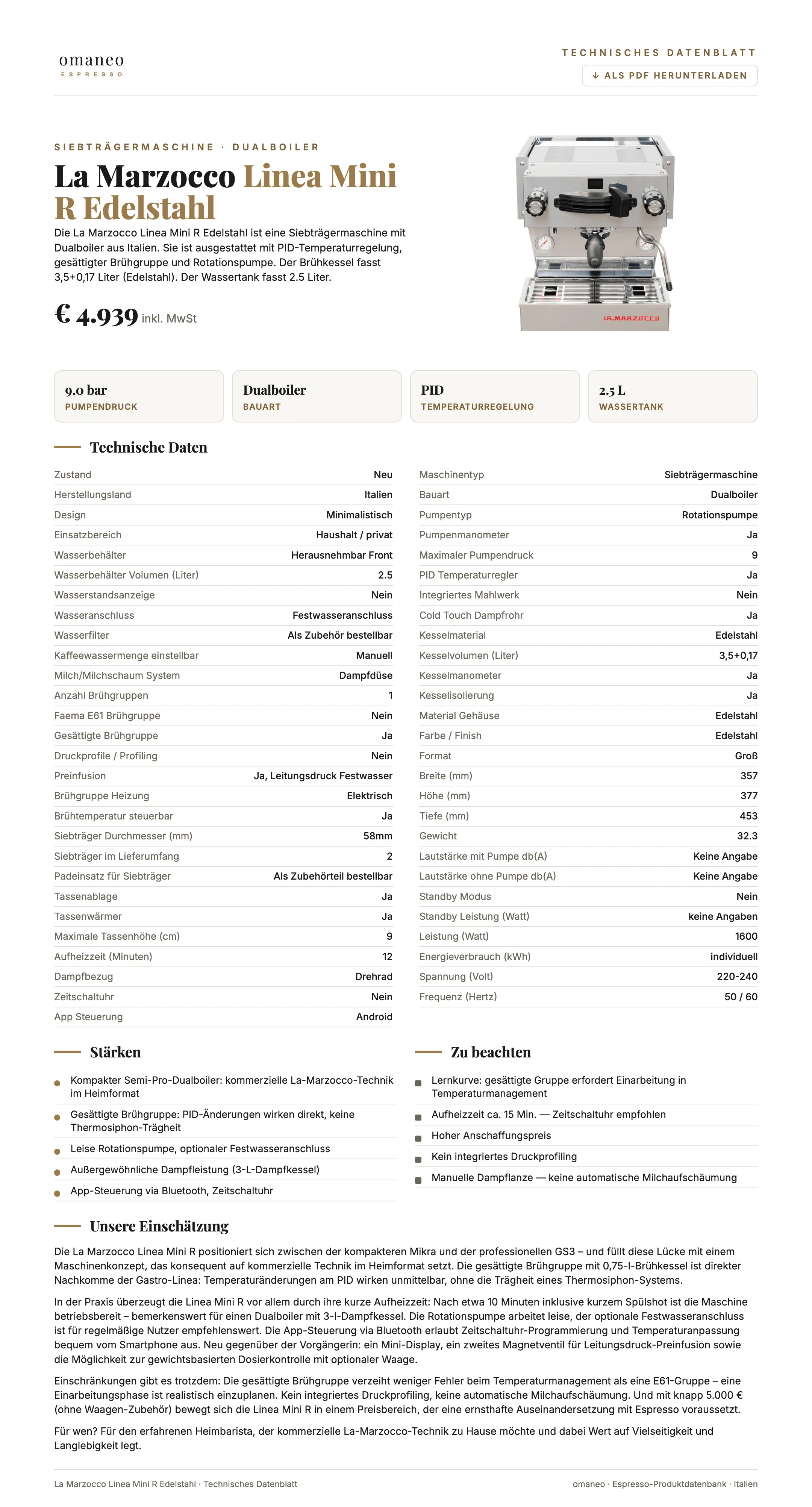 Technisches Datenblatt Linea Mini R Edelstahl
