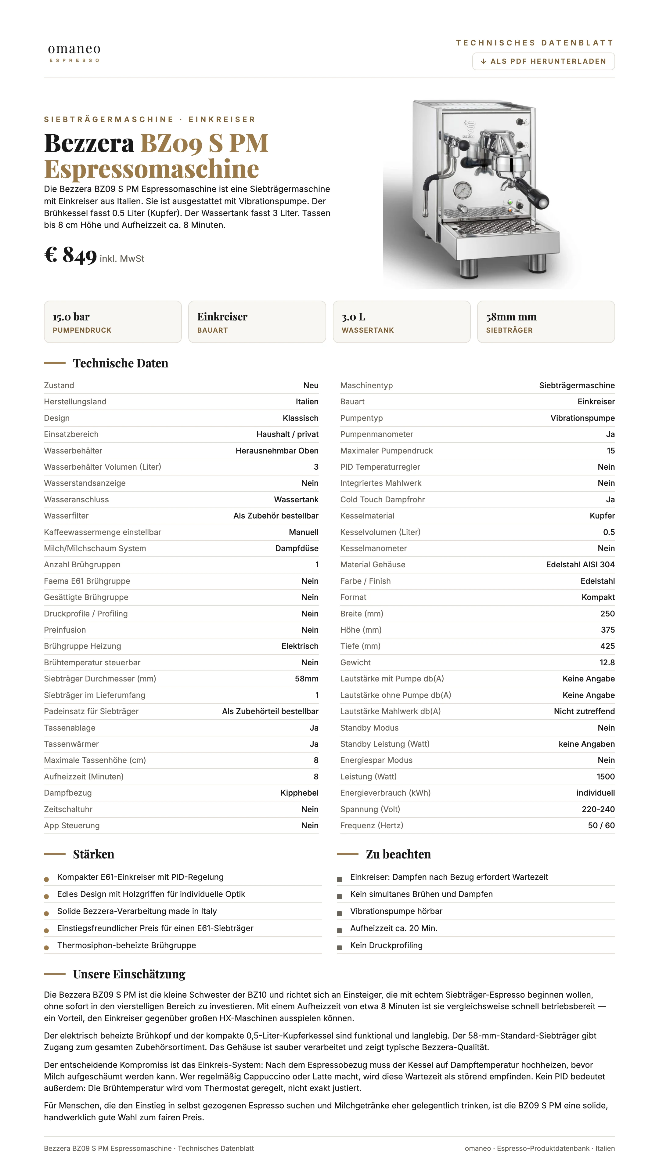Technisches Datenblatt BZ09 S PM Espressomaschine