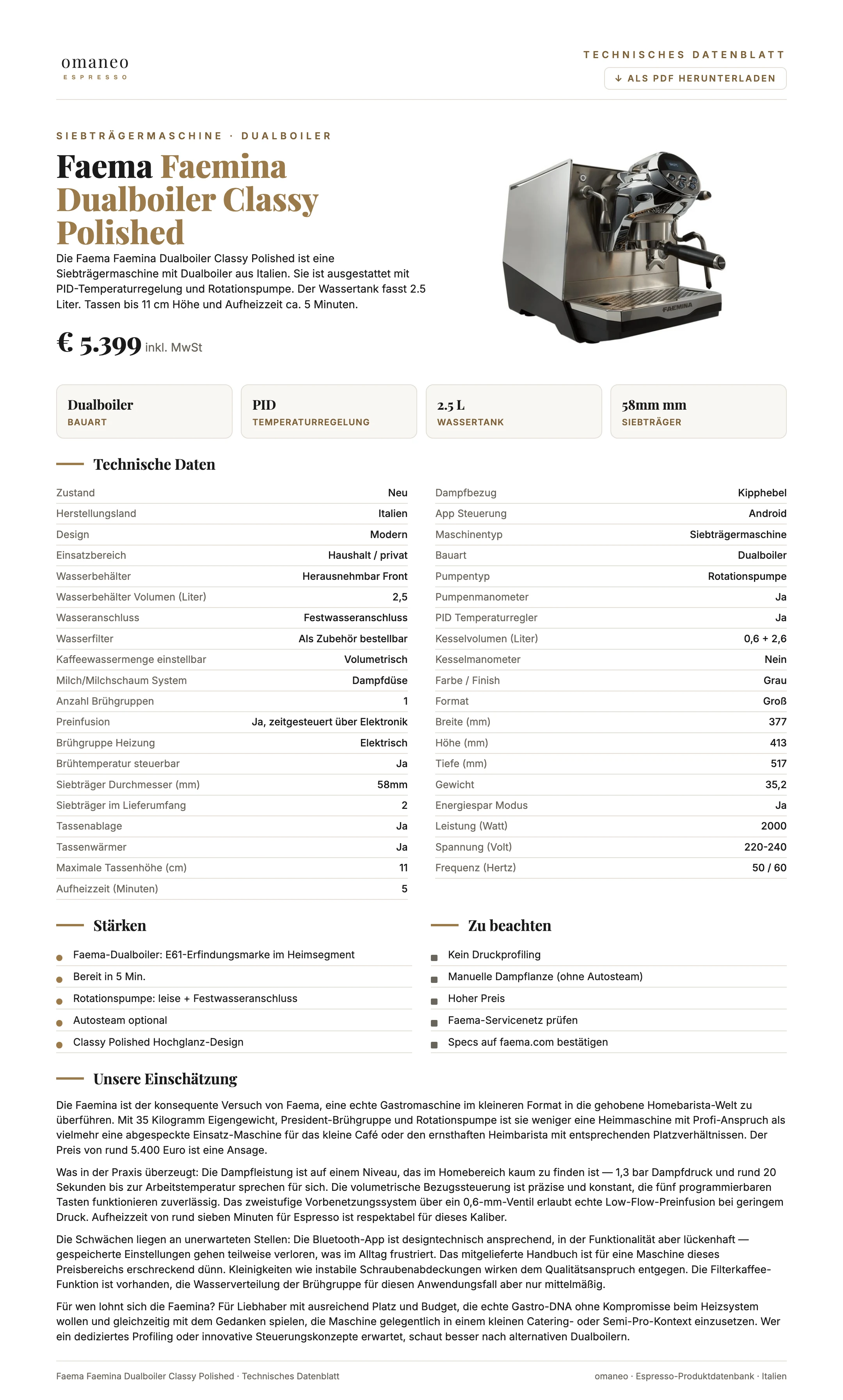 Technisches Datenblatt Faemina Dualboiler Classy Polished