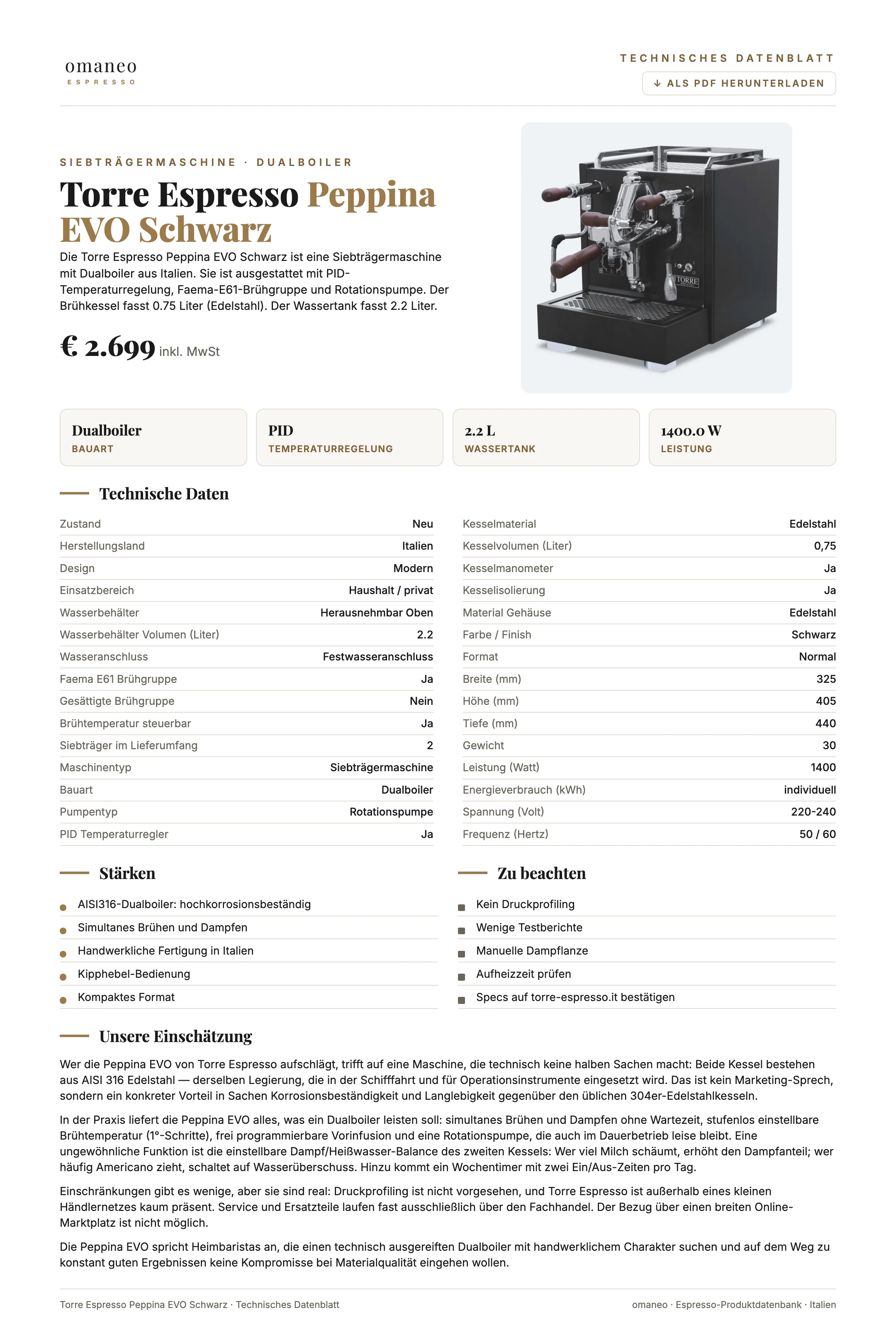 Technisches Datenblatt Peppina EVO Schwarz