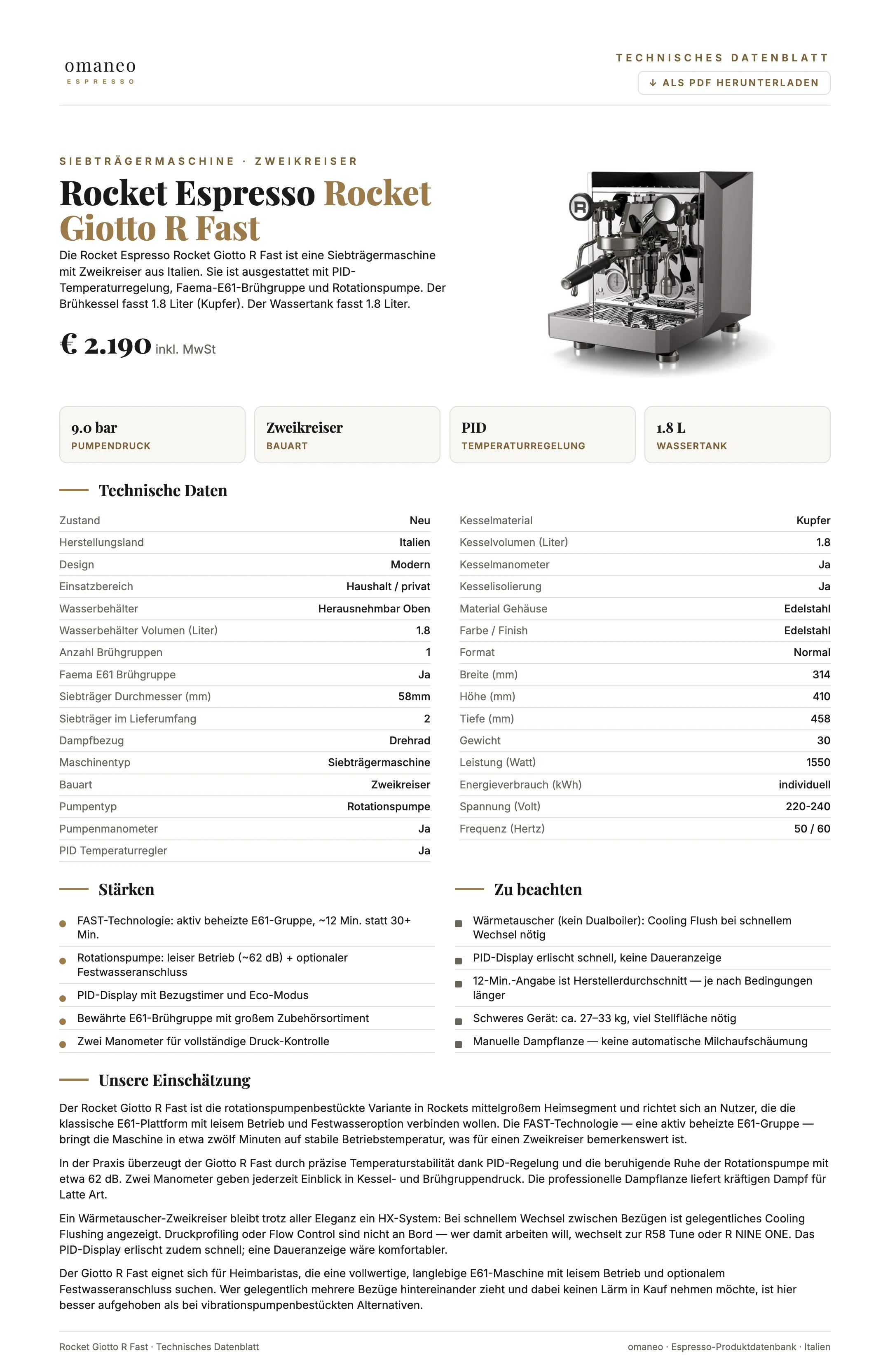 Technisches Datenblatt Rocket Giotto R Fast