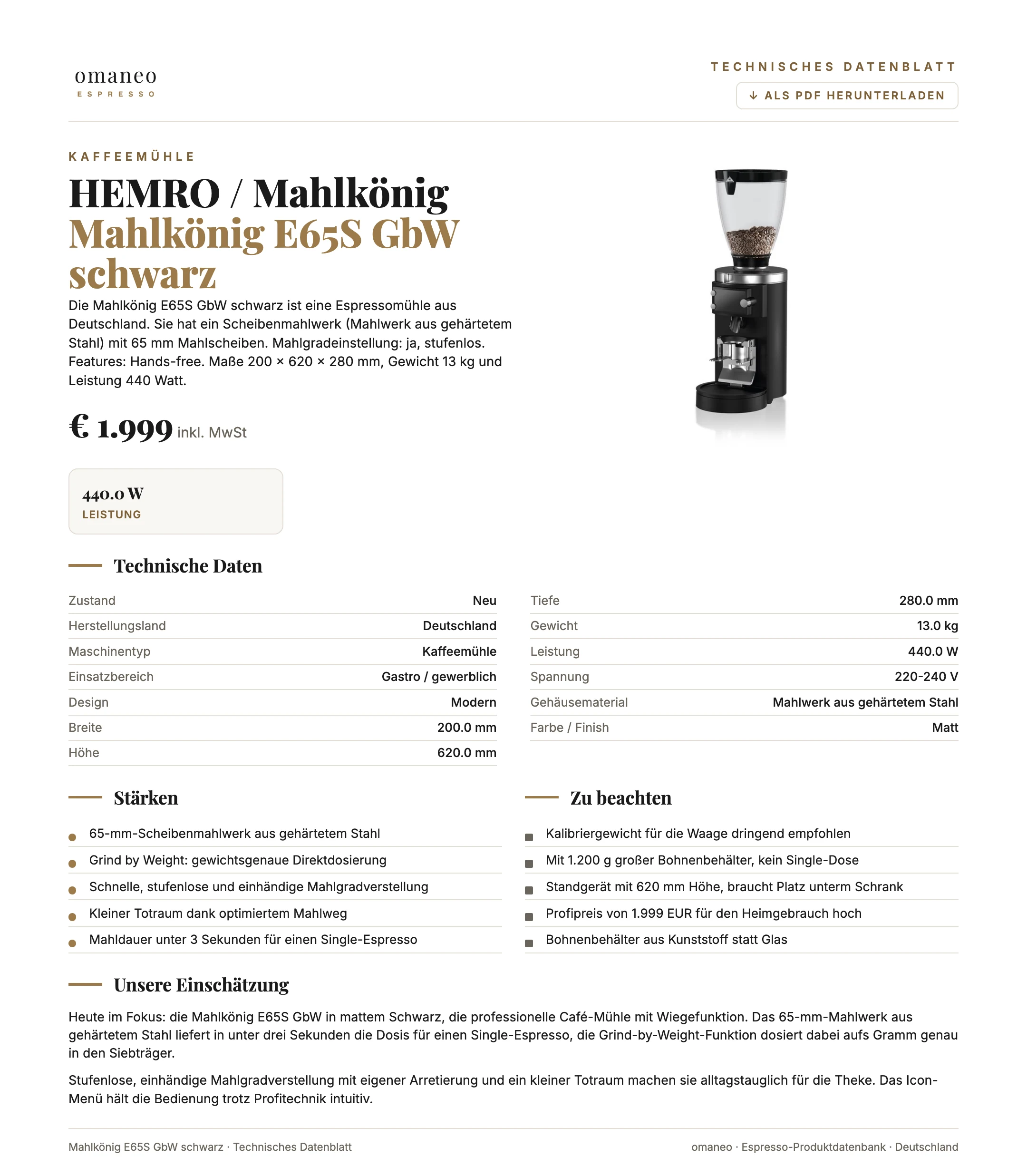 Technisches Datenblatt Mahlkönig E65S GbW schwarz