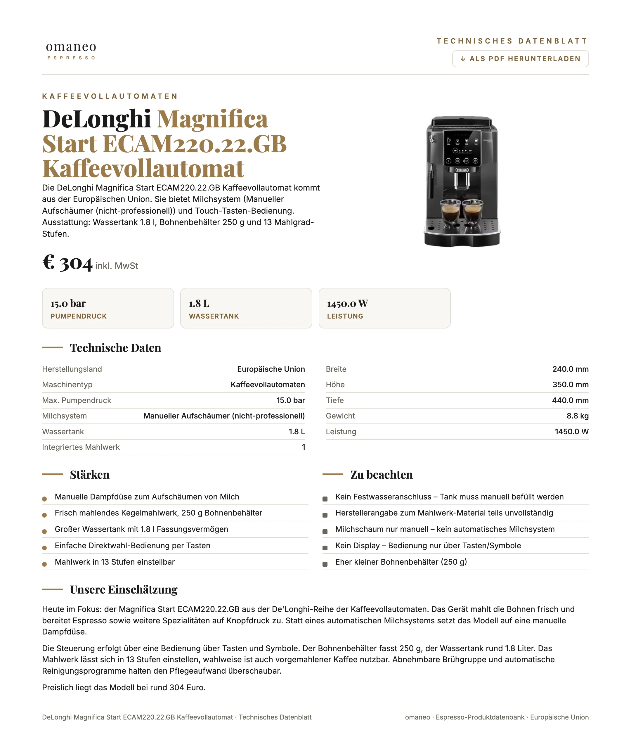 Technisches Datenblatt Magnifica Start ECAM220.22.GB Kaffeevollautomat