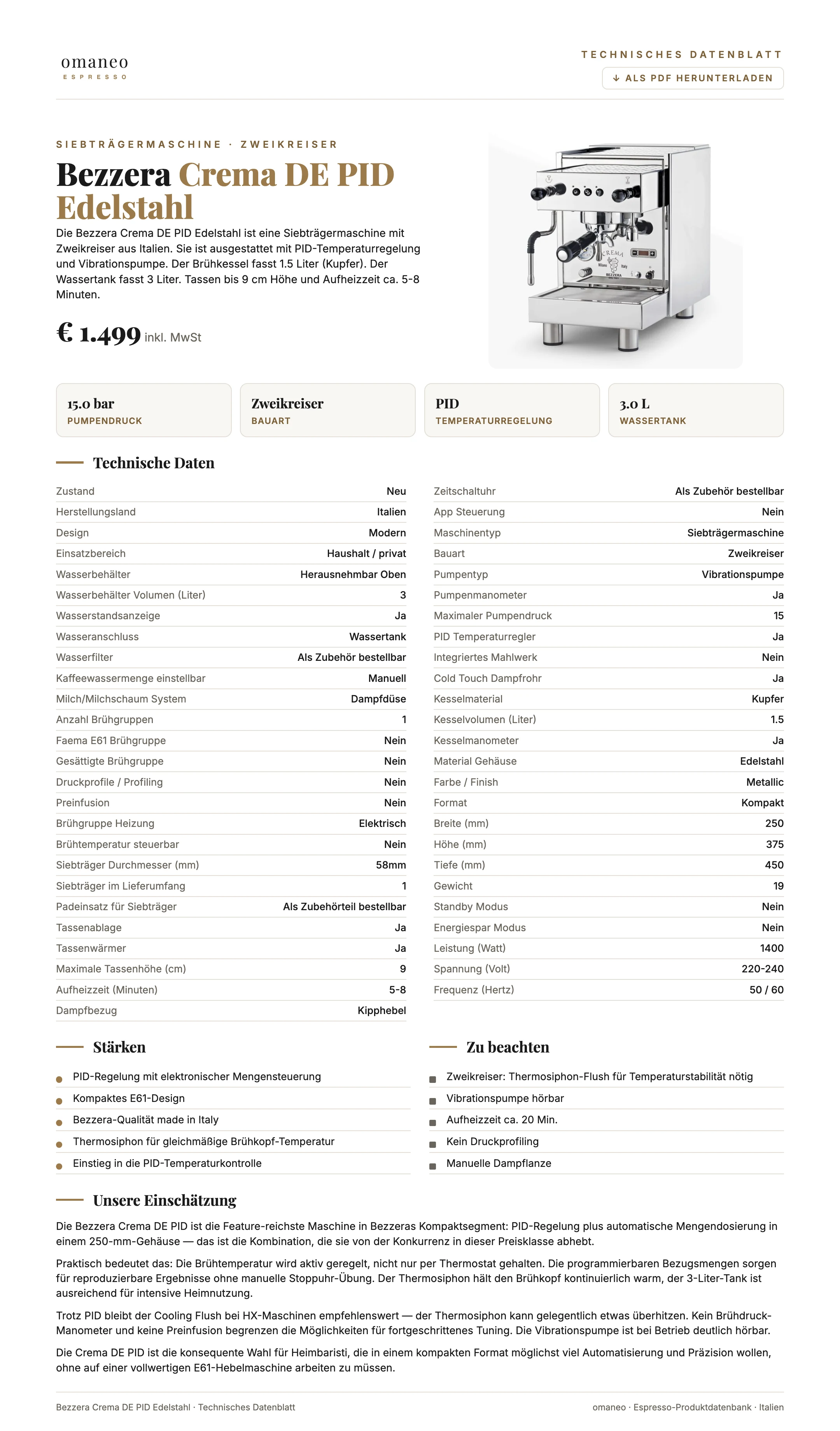 Technisches Datenblatt Crema DE PID Edelstahl