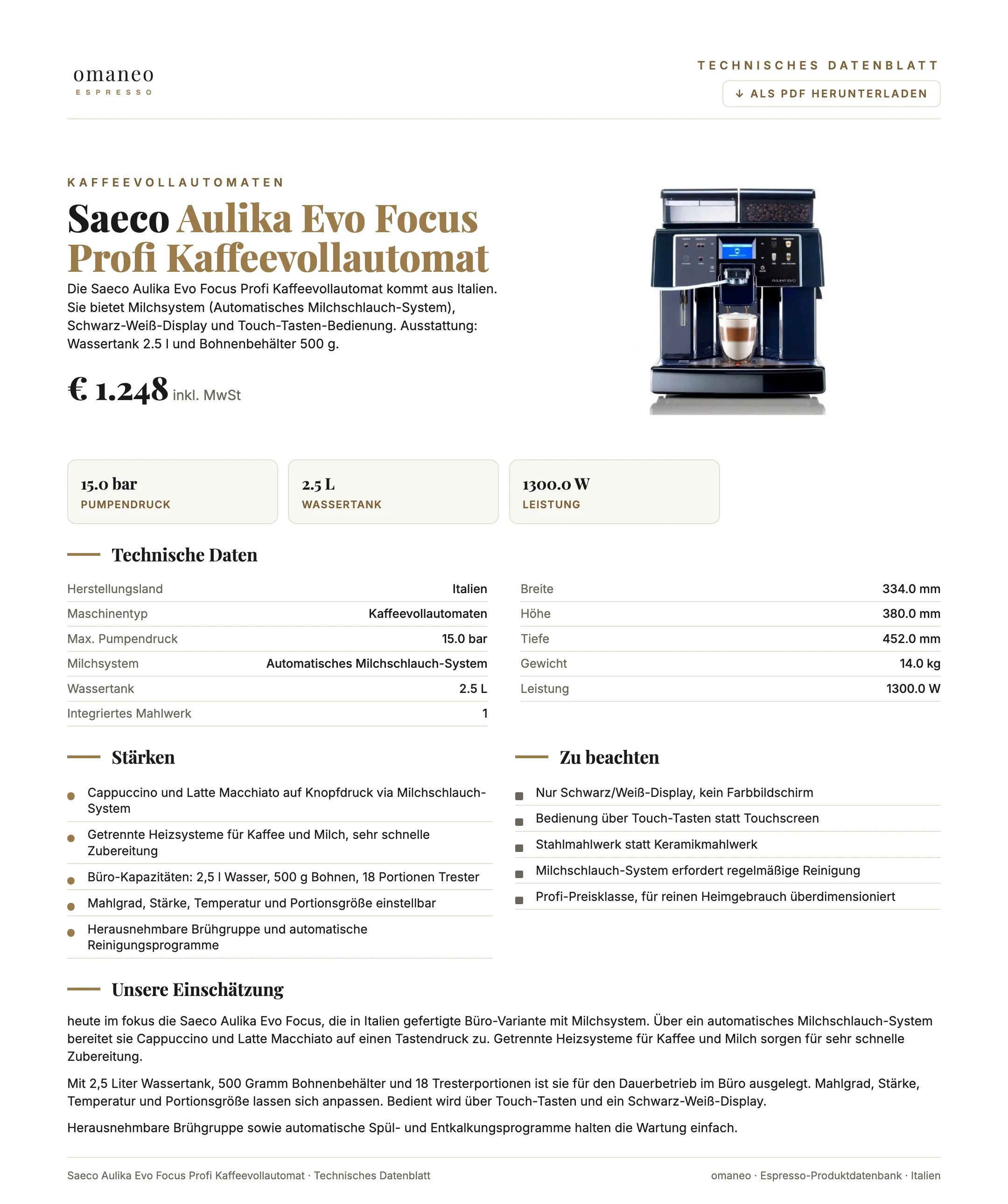 Technisches Datenblatt Aulika Evo Focus Profi Kaffeevollautomat