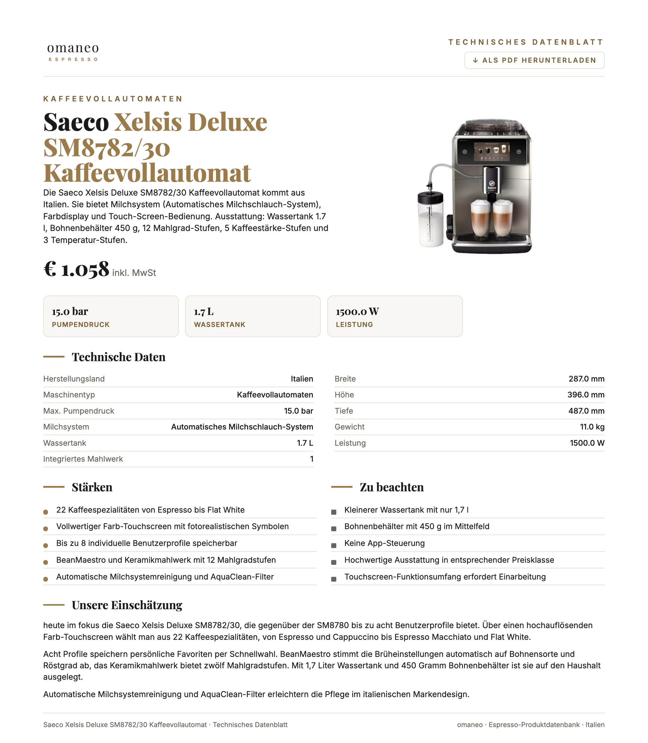 Technisches Datenblatt Xelsis Deluxe SM8782/30 Kaffeevollautomat