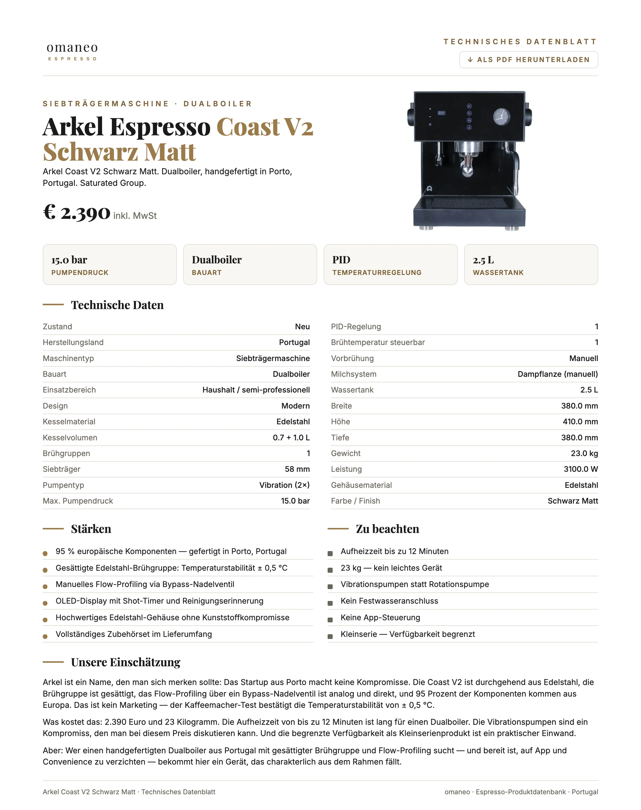 Technisches Datenblatt Arkel Coast V2 Schwarz Matt