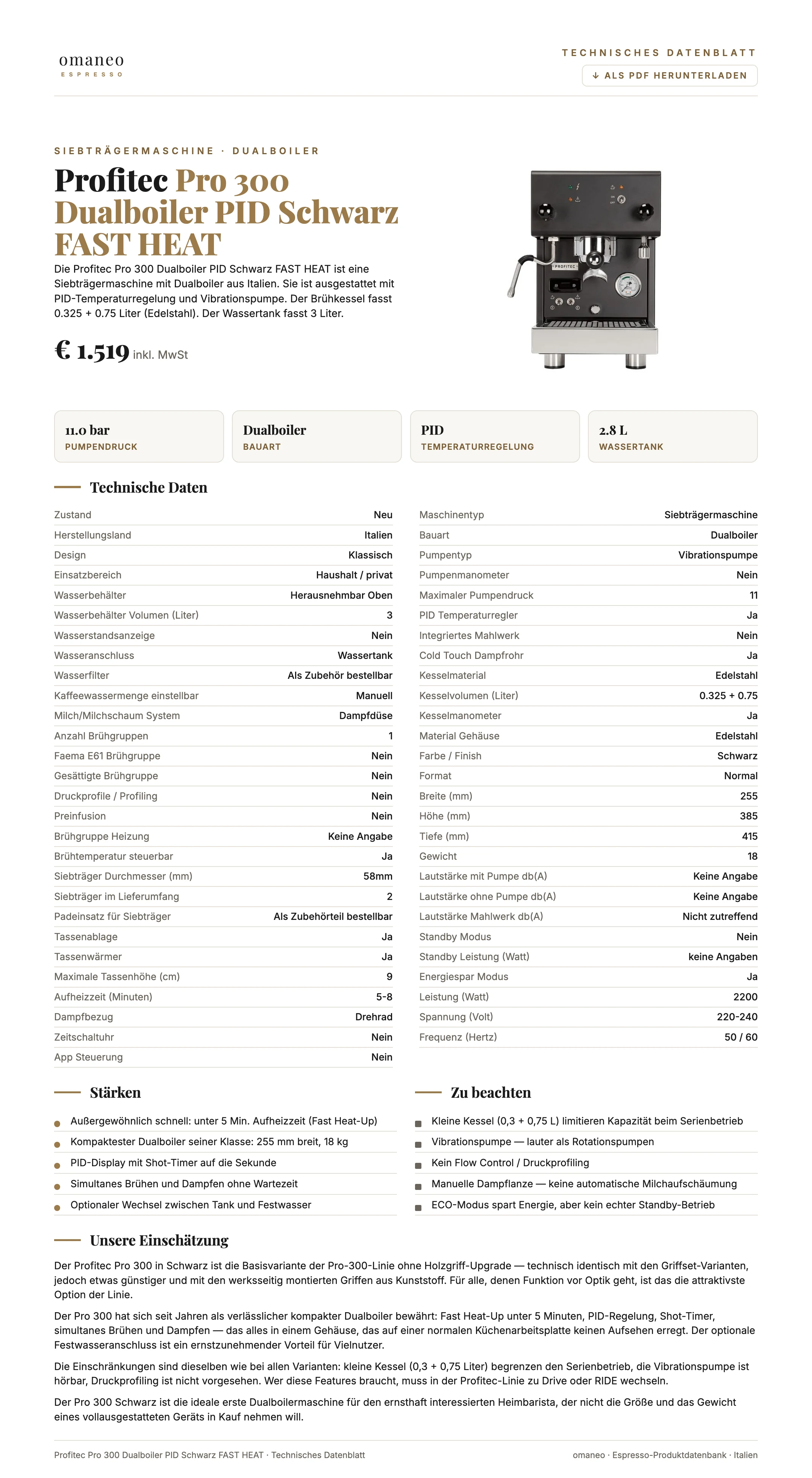 Technisches Datenblatt Pro 300 Dualboiler PID Schwarz FAST HEAT