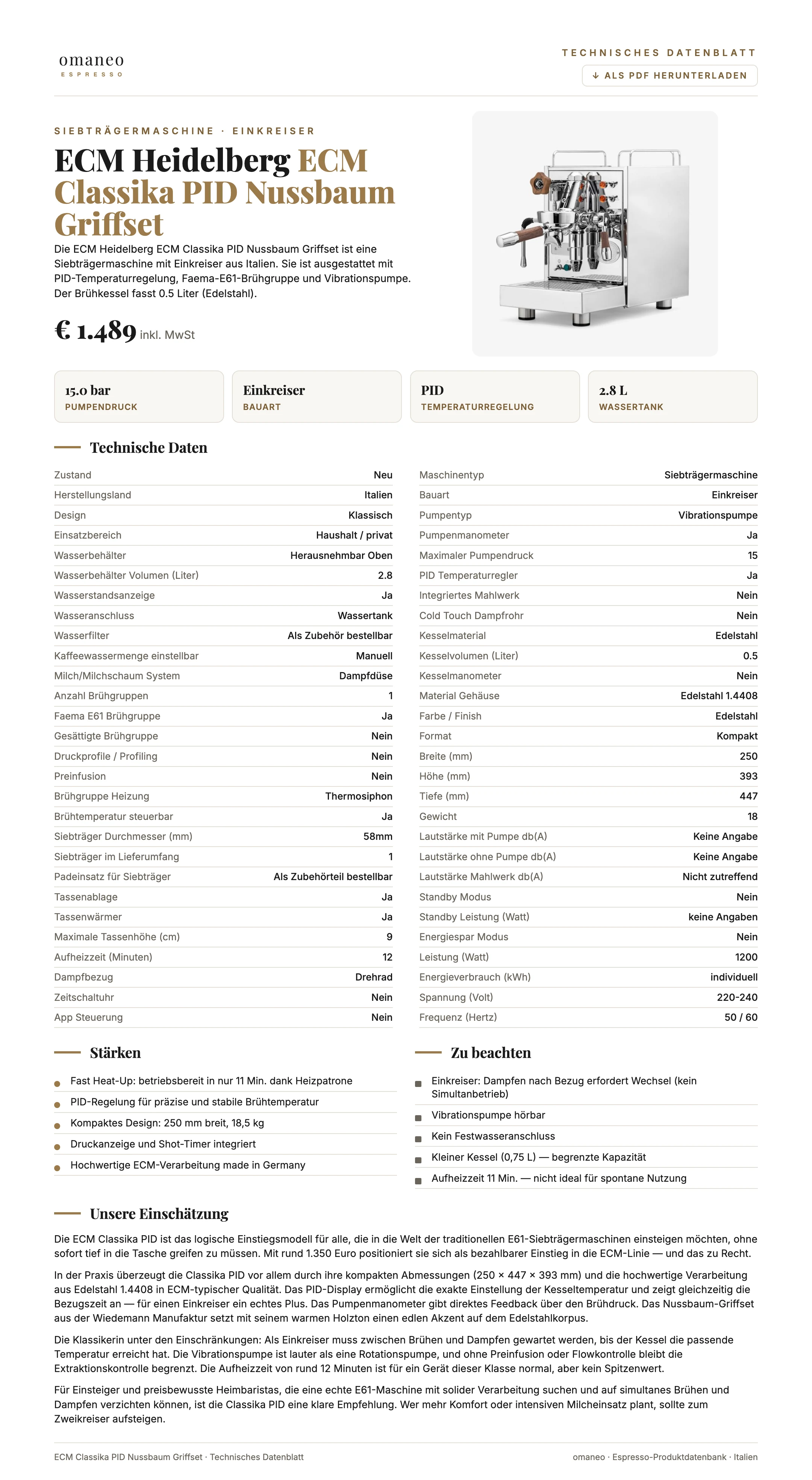 Technisches Datenblatt ECM Classika PID Nussbaum Griffset