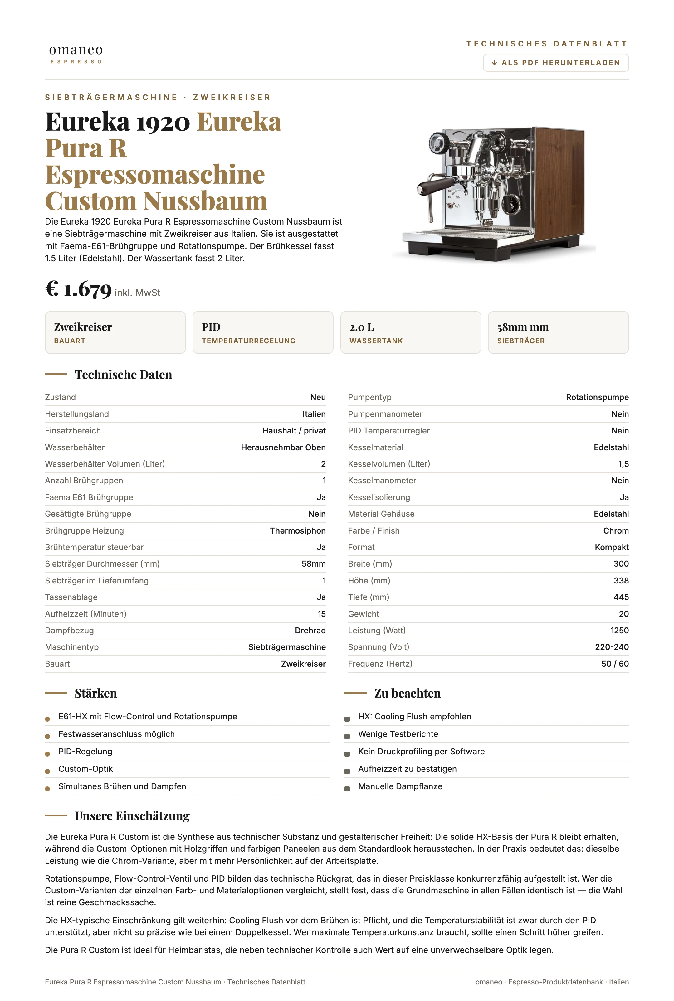 Technisches Datenblatt Eureka Pura R Espressomaschine Custom Nussbaum