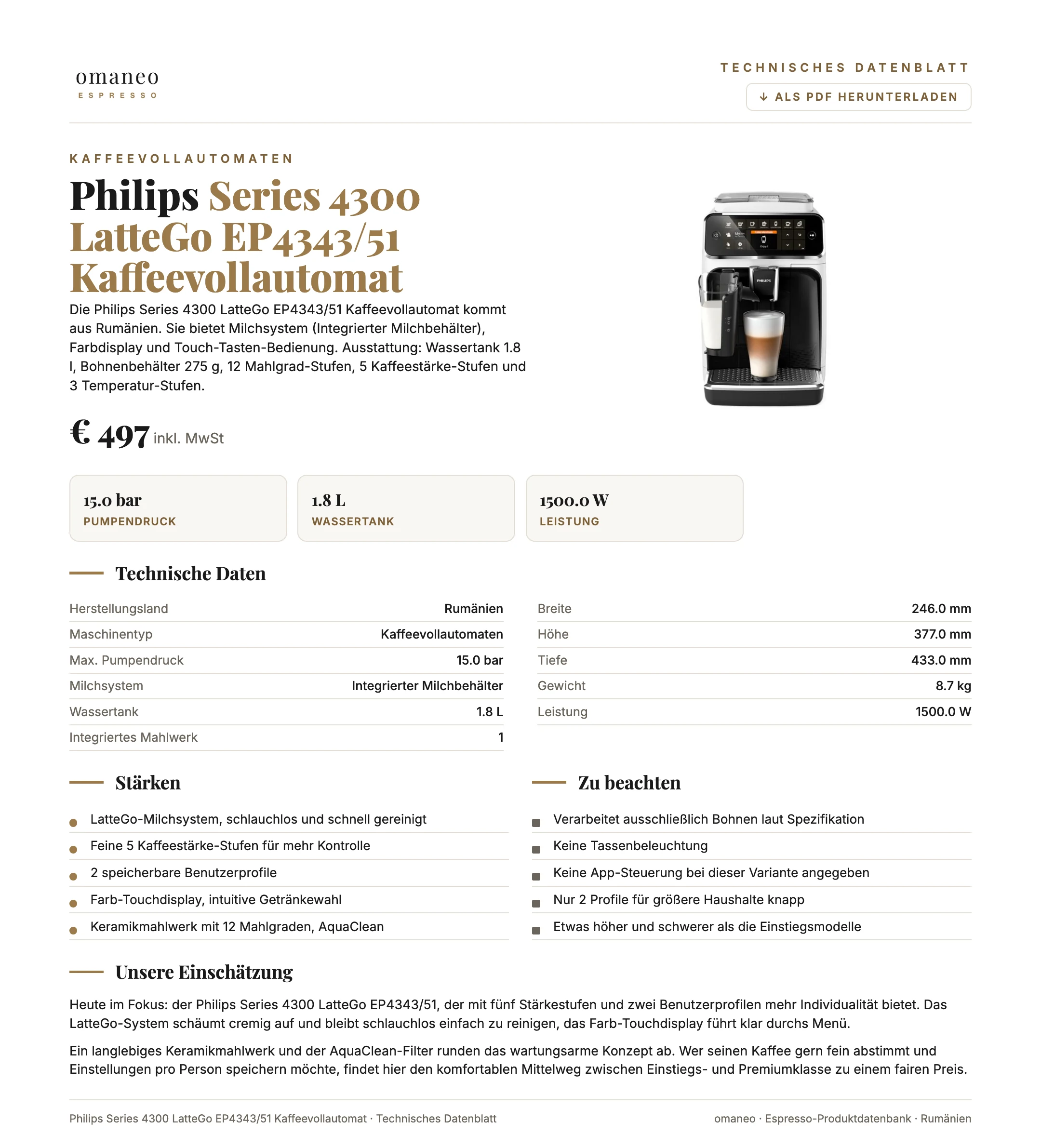 Technisches Datenblatt Series 4300 LatteGo EP4343/51 Kaffeevollautomat