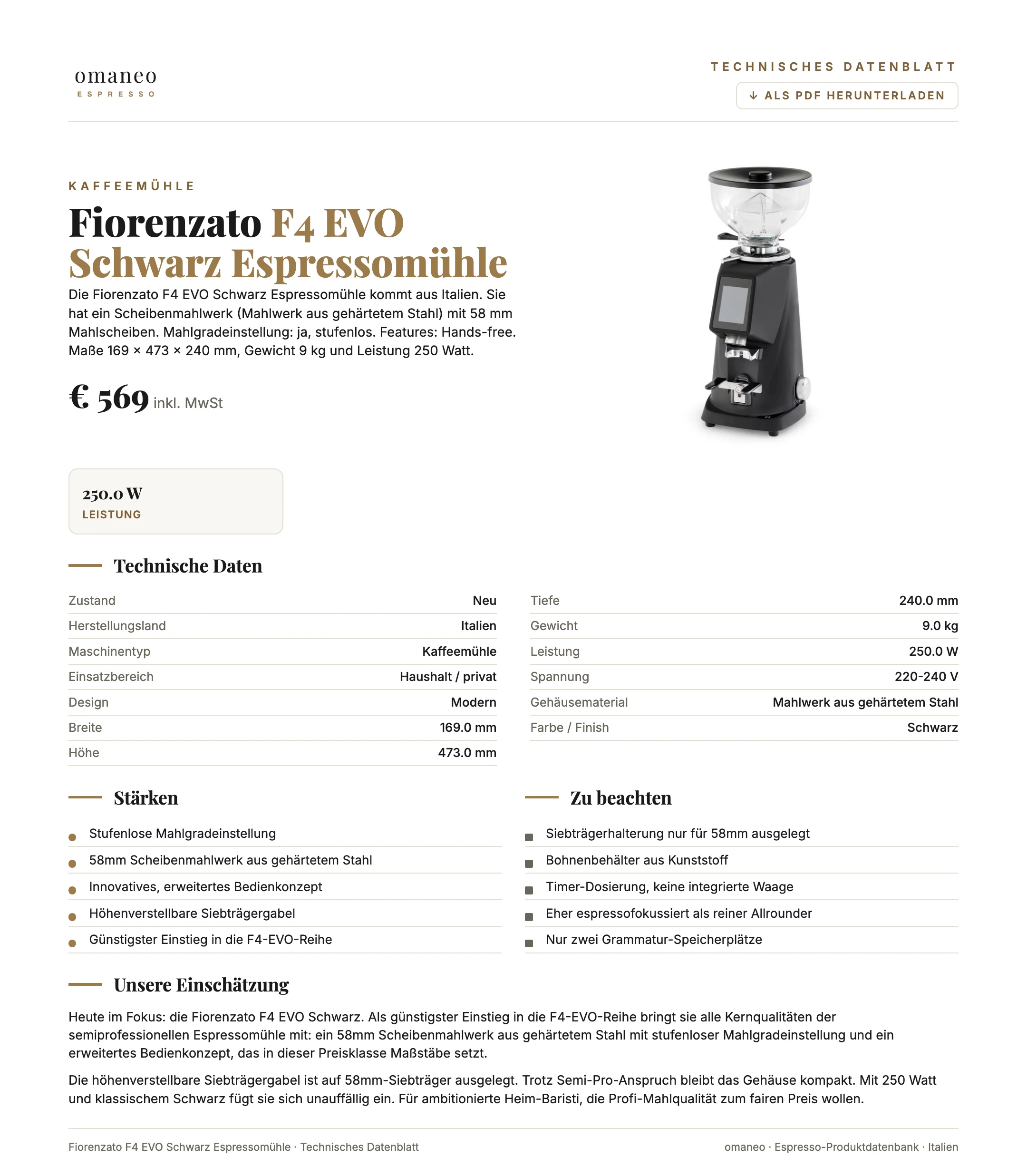 Technisches Datenblatt F4 EVO Schwarz Espressomühle