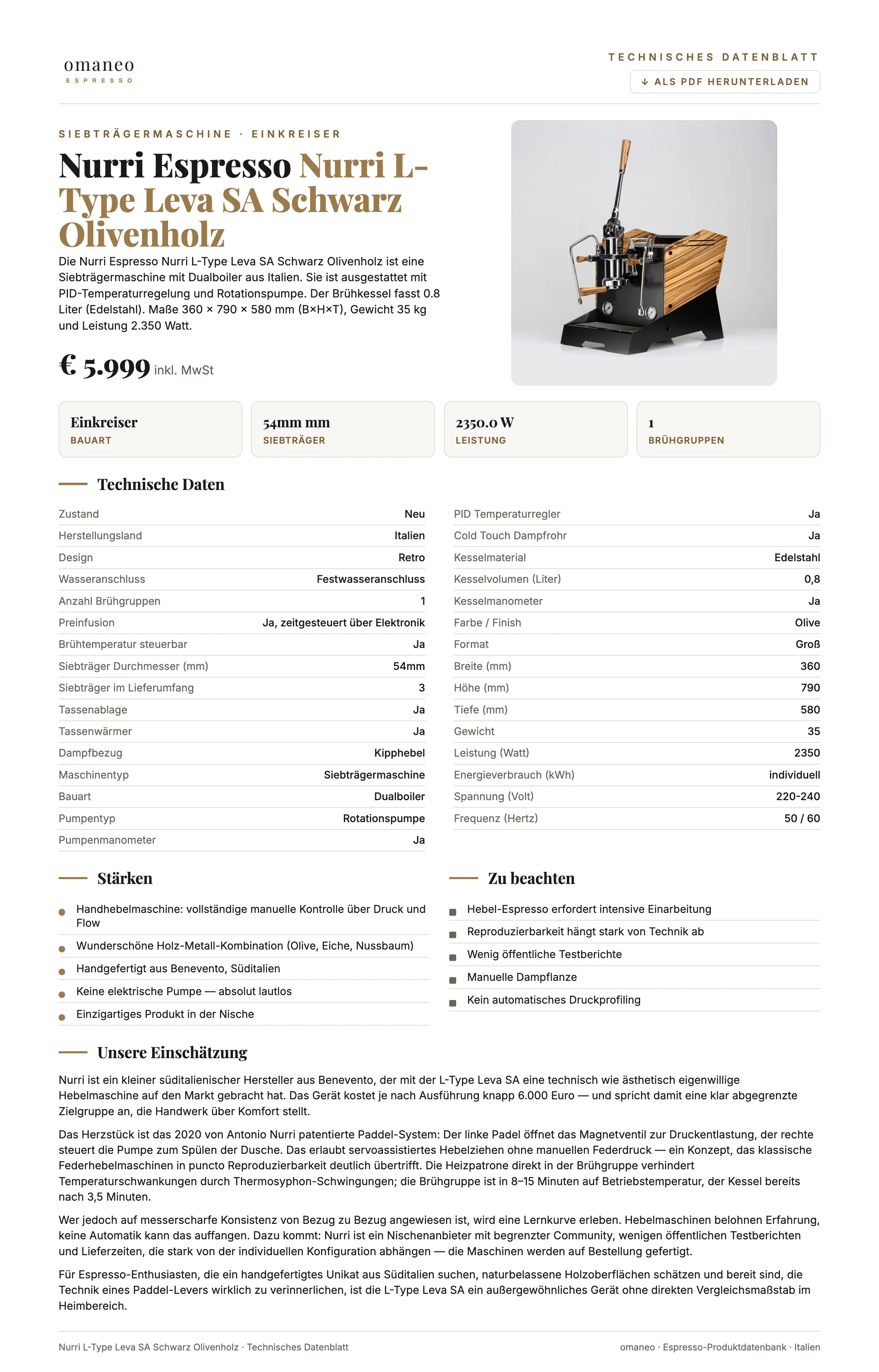 Technisches Datenblatt Nurri L-Type Leva SA Schwarz Olivenholz