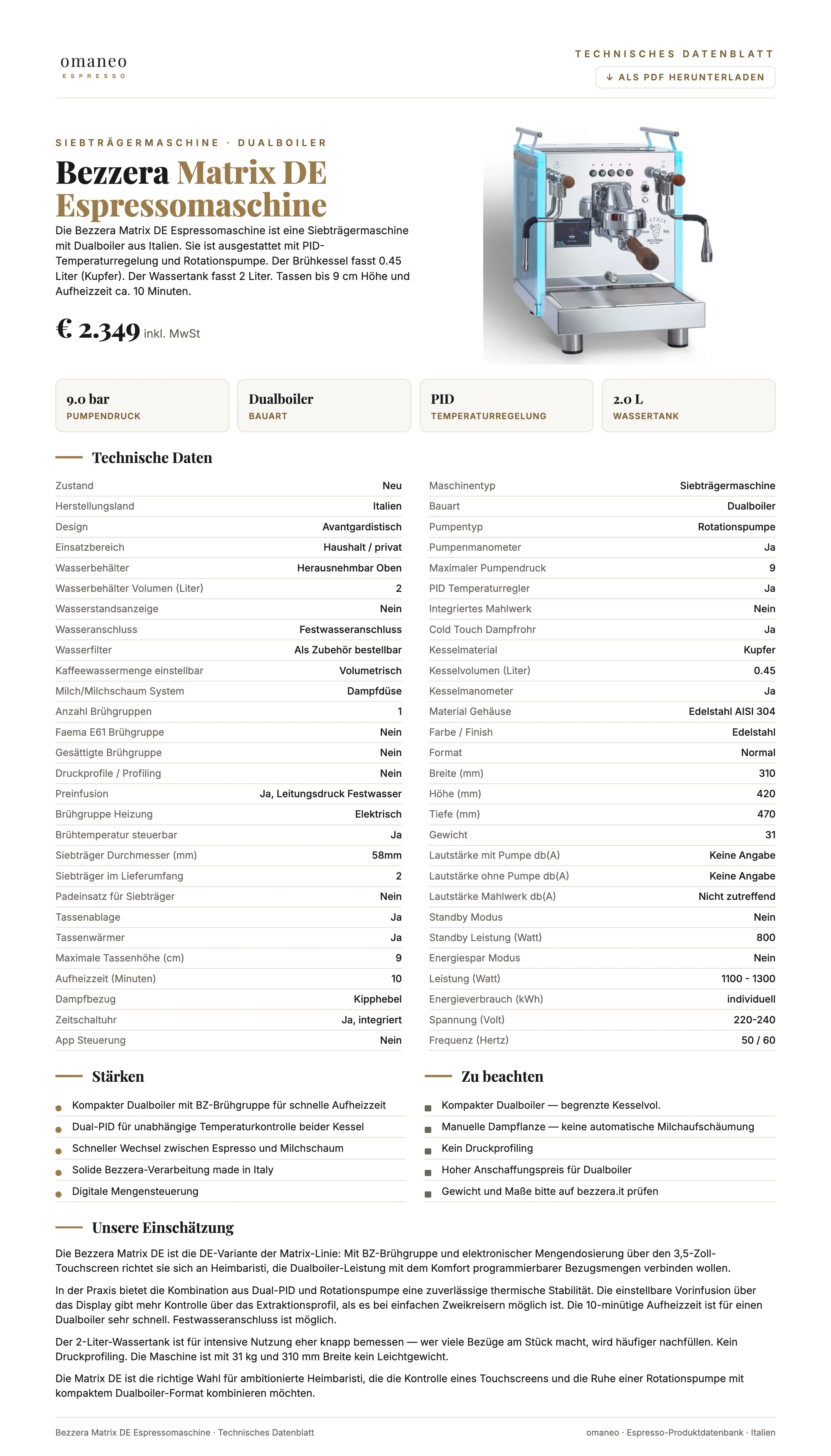 Technisches Datenblatt Matrix DE Espressomaschine