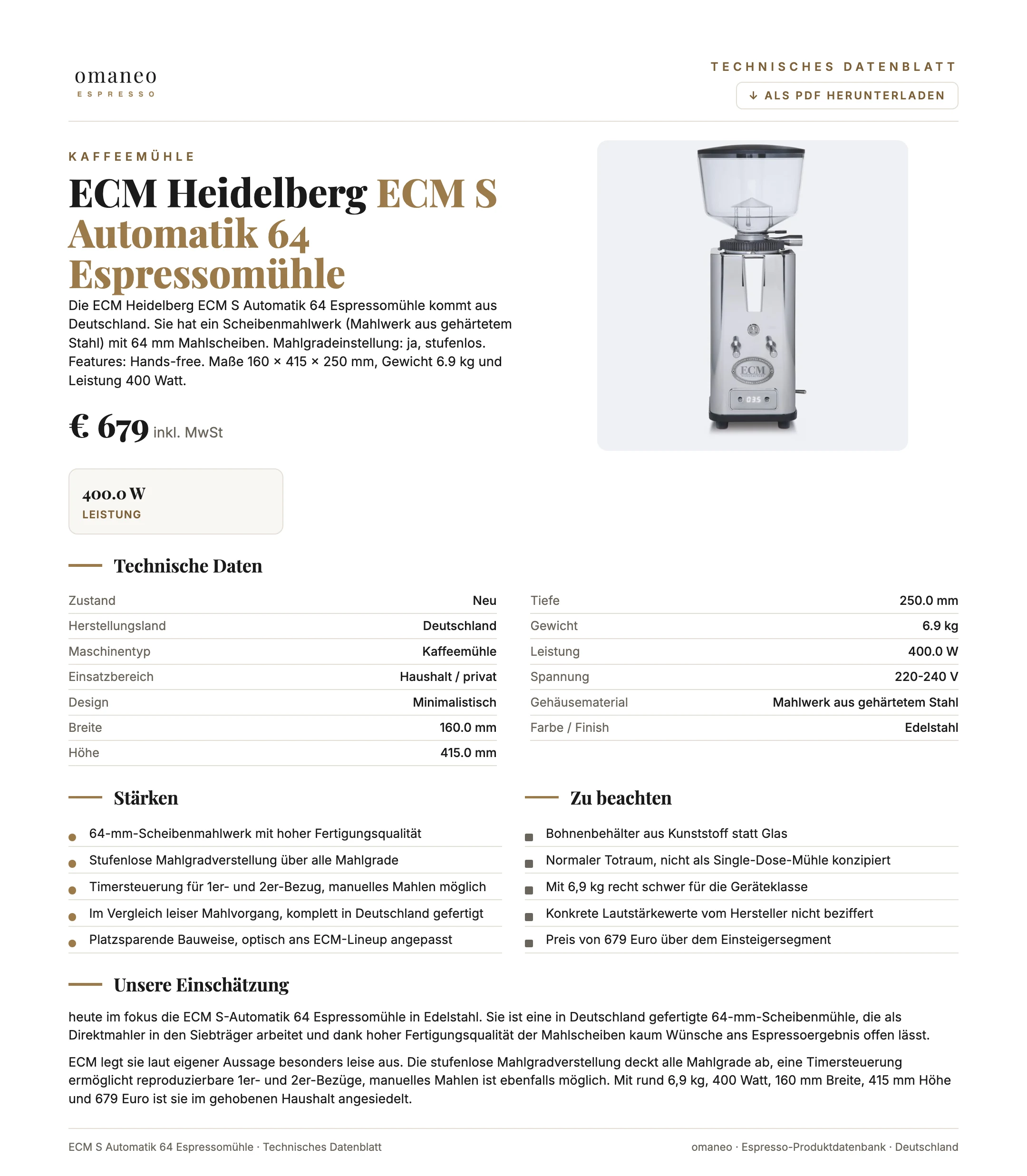 Technisches Datenblatt ECM S Automatik 64 Espressomühle