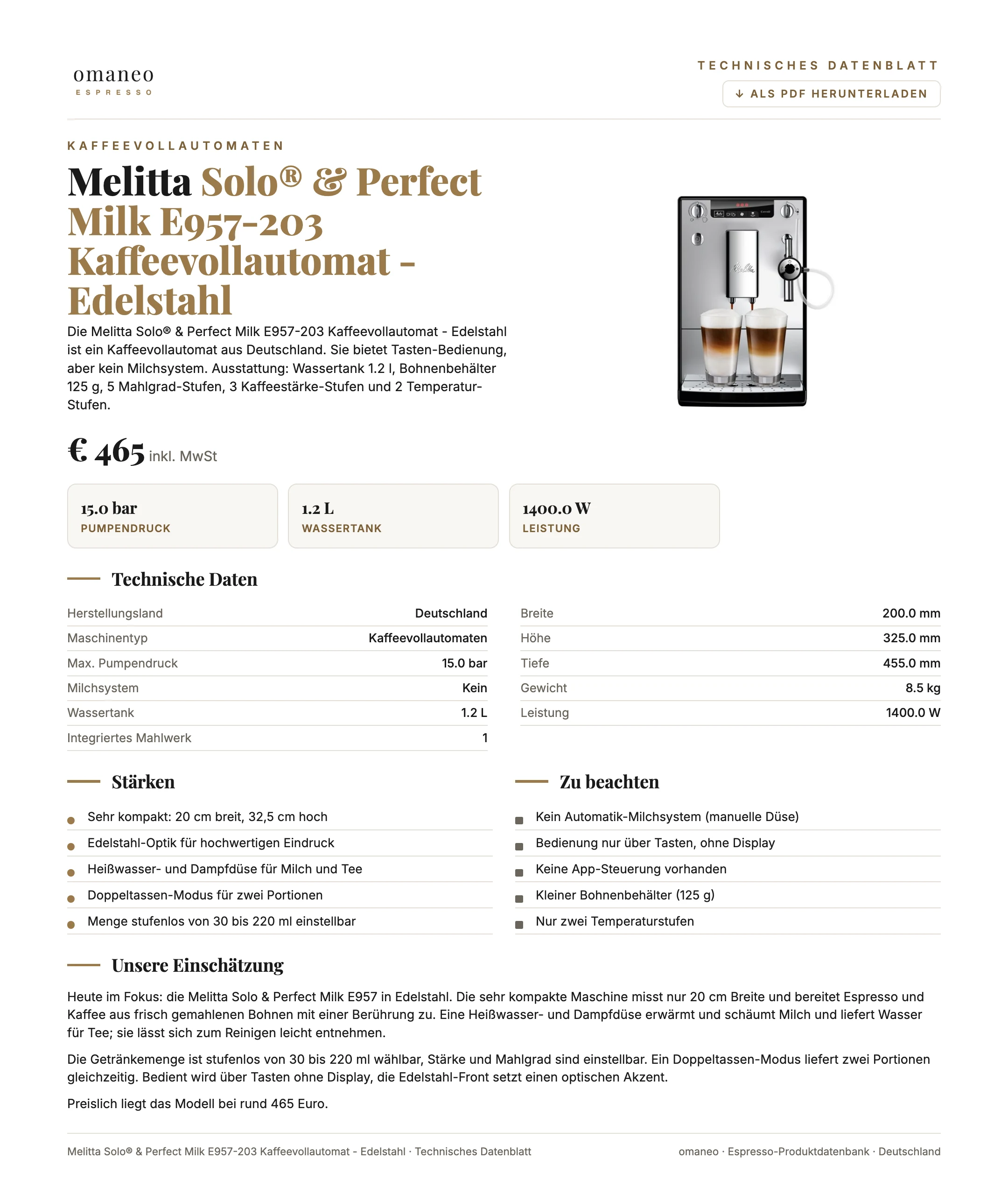 Technisches Datenblatt Solo® & Perfect Milk E957-203 Kaffeevollautomat - Edelstahl