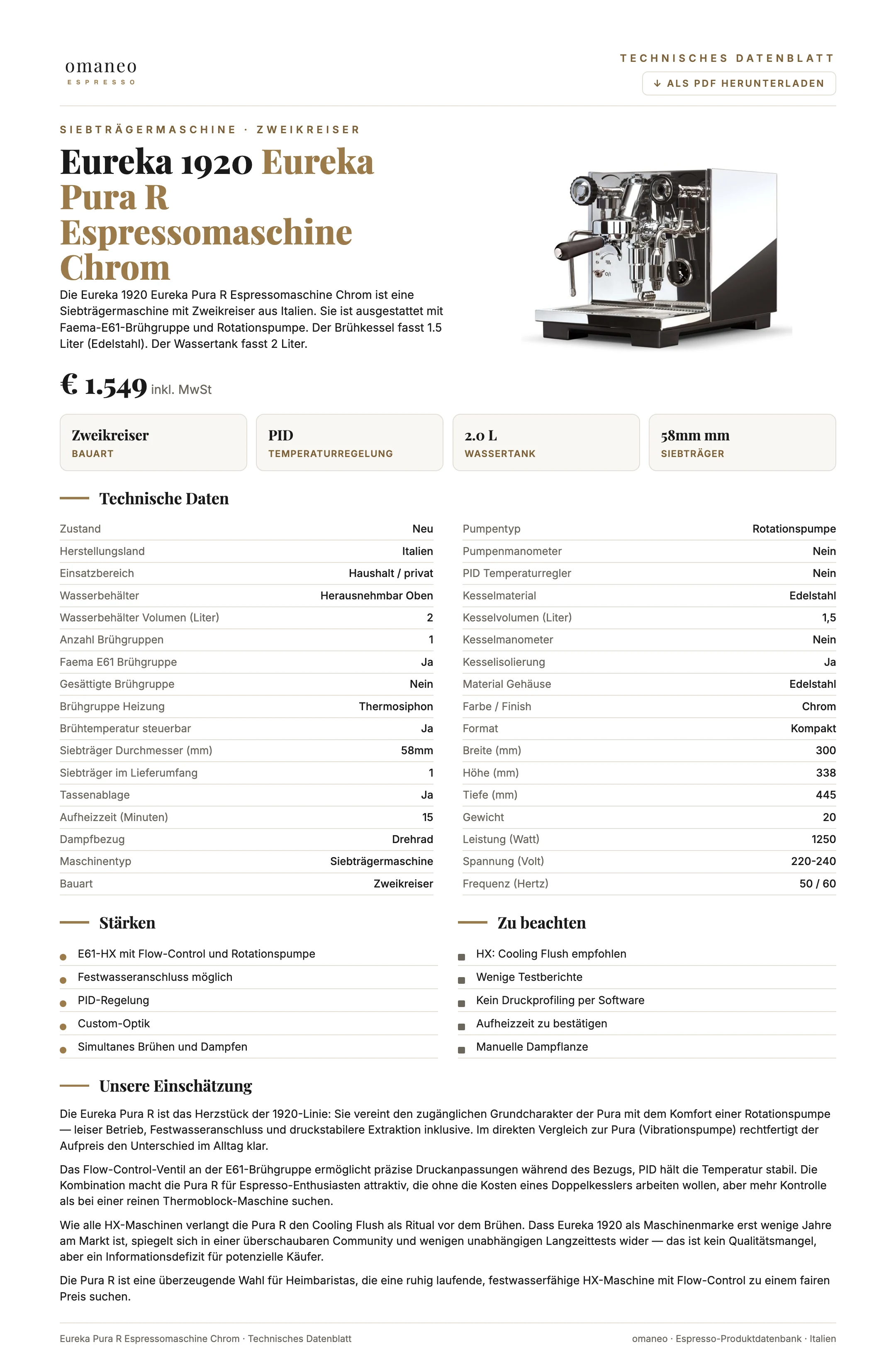 Technisches Datenblatt Eureka Pura R Espressomaschine Chrom