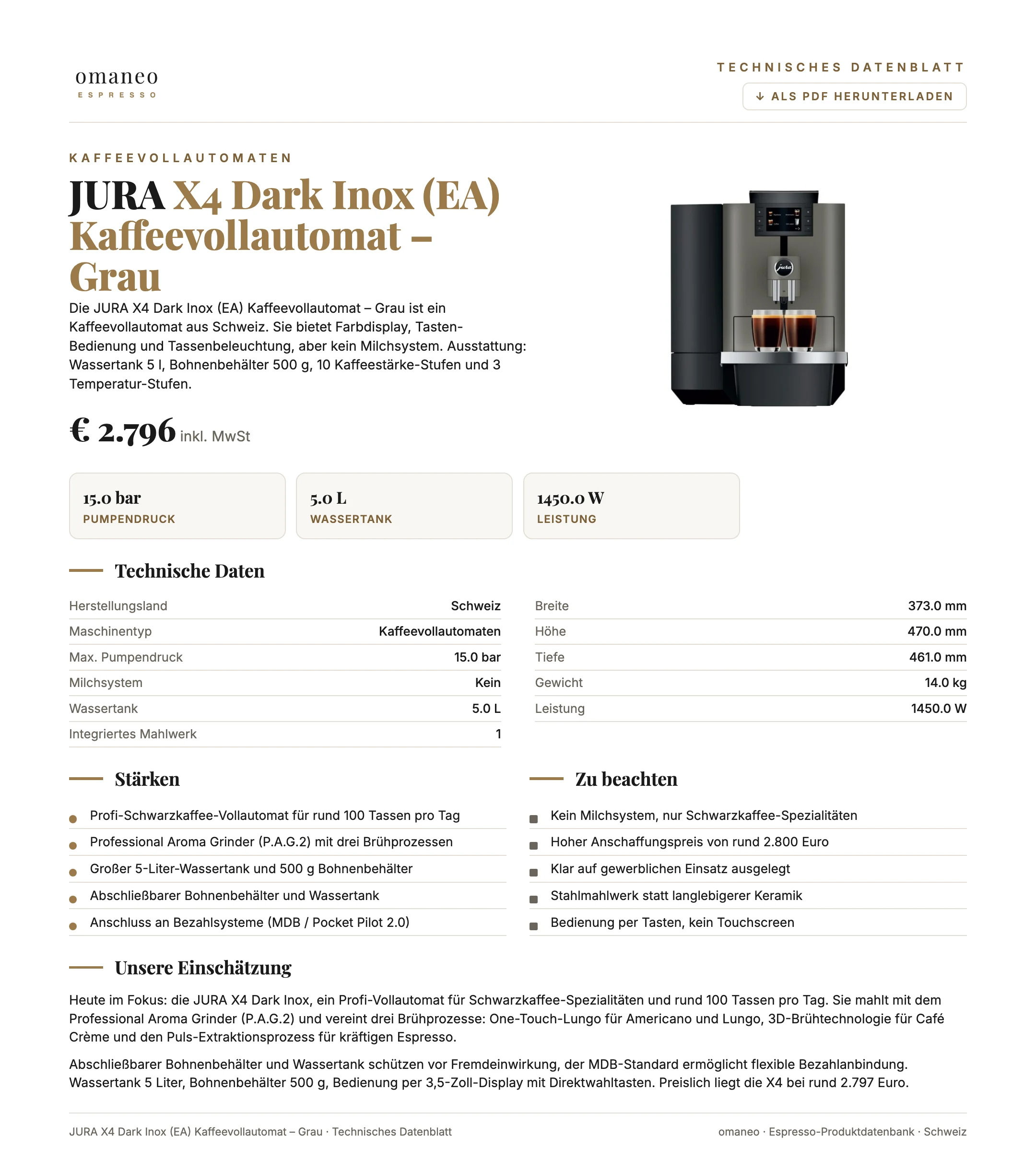 Technisches Datenblatt X4 Dark Inox (EA) Kaffeevollautomat – Grau