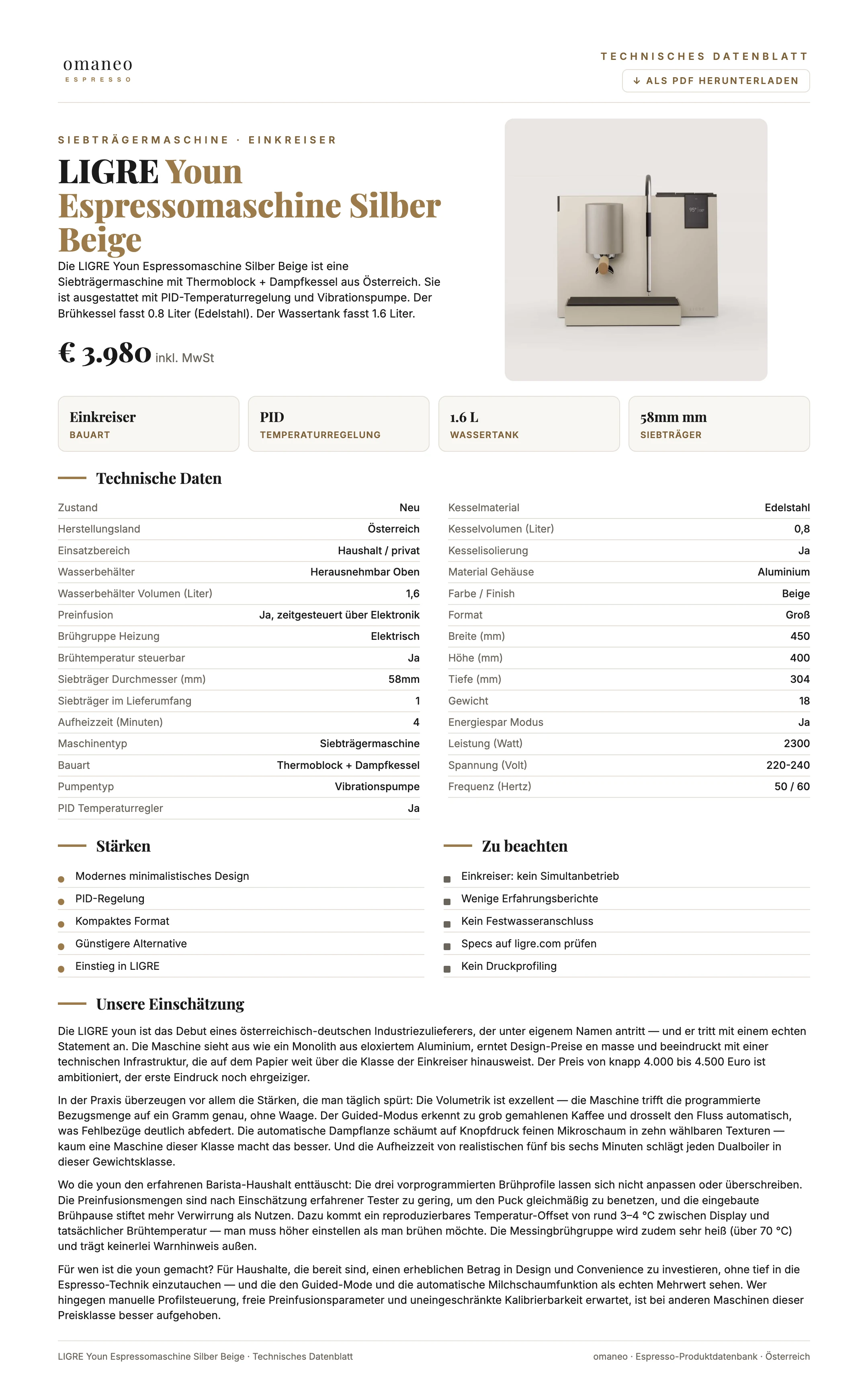 Technisches Datenblatt Youn Espressomaschine Silber Beige