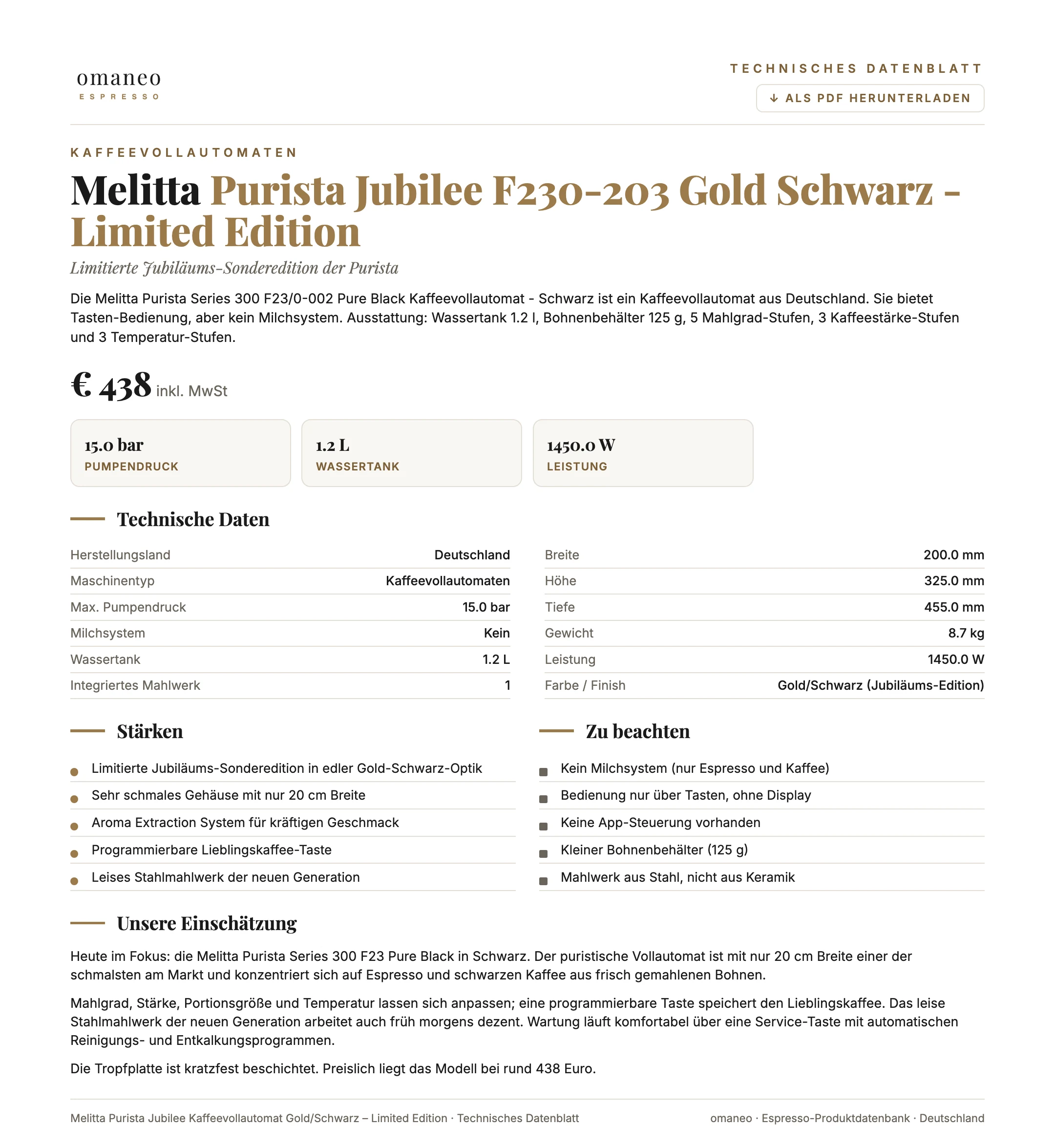 Technisches Datenblatt Purista Jubilee Kaffeevollautomat Gold/Schwarz – Limited Edition