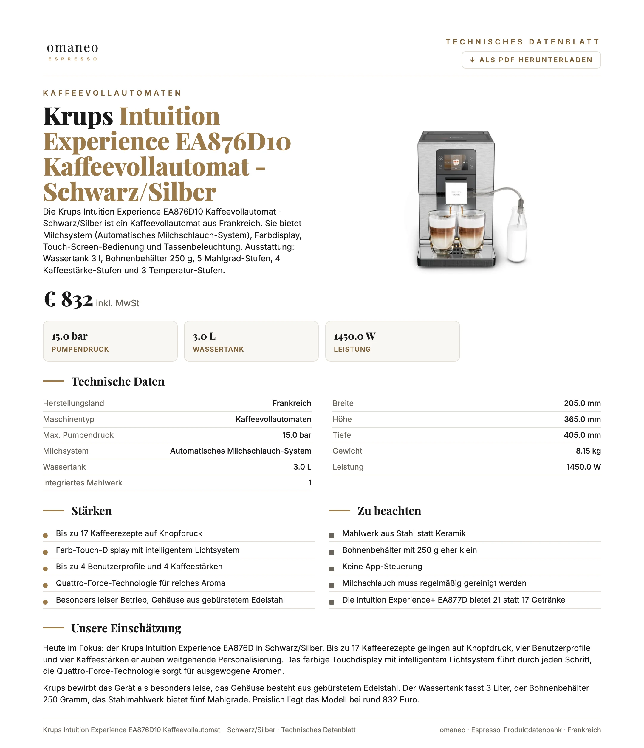 Technisches Datenblatt Intuition Experience EA876D10 Kaffeevollautomat - Schwarz/Silber