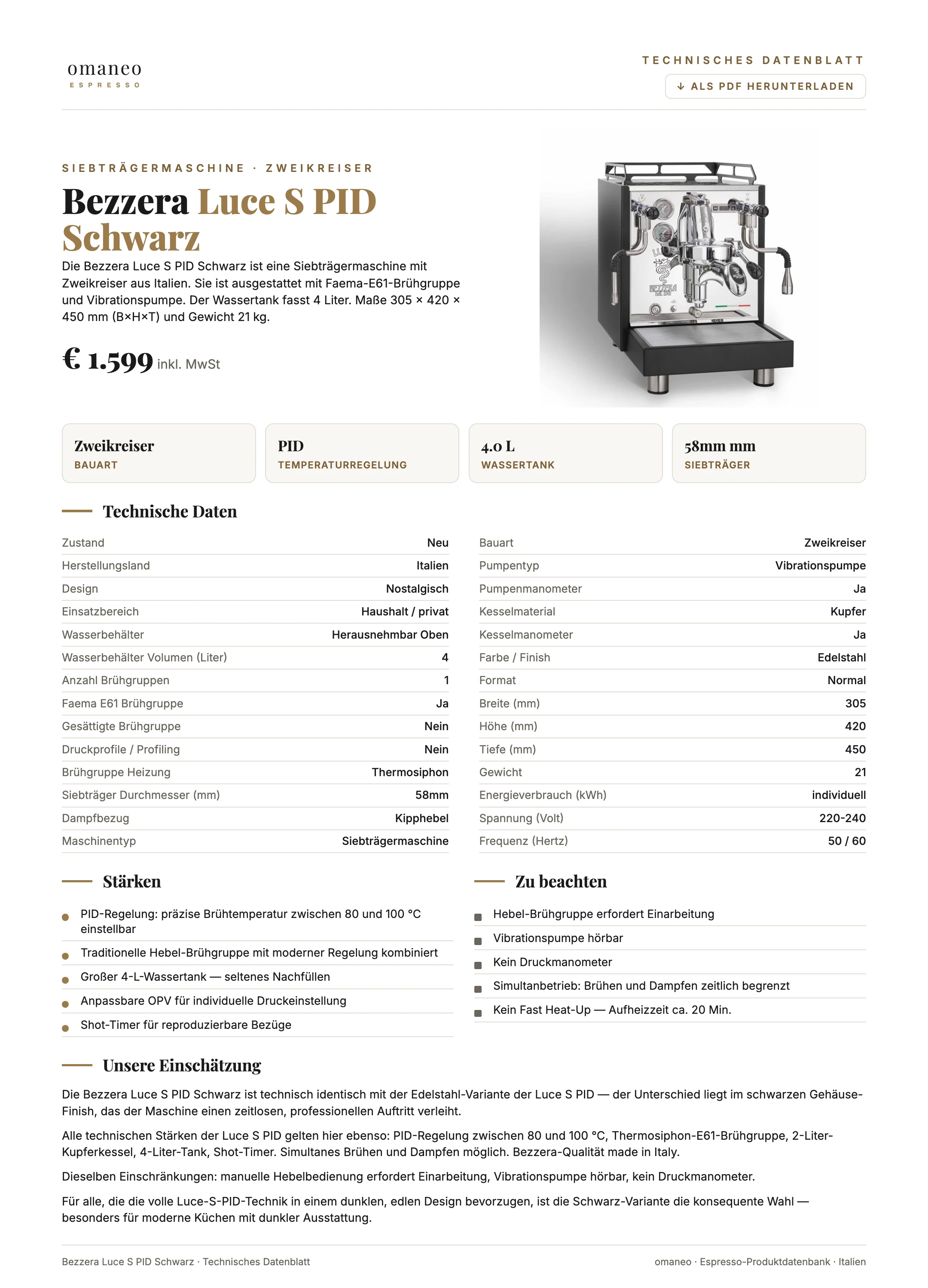 Technisches Datenblatt Luce S PID Schwarz