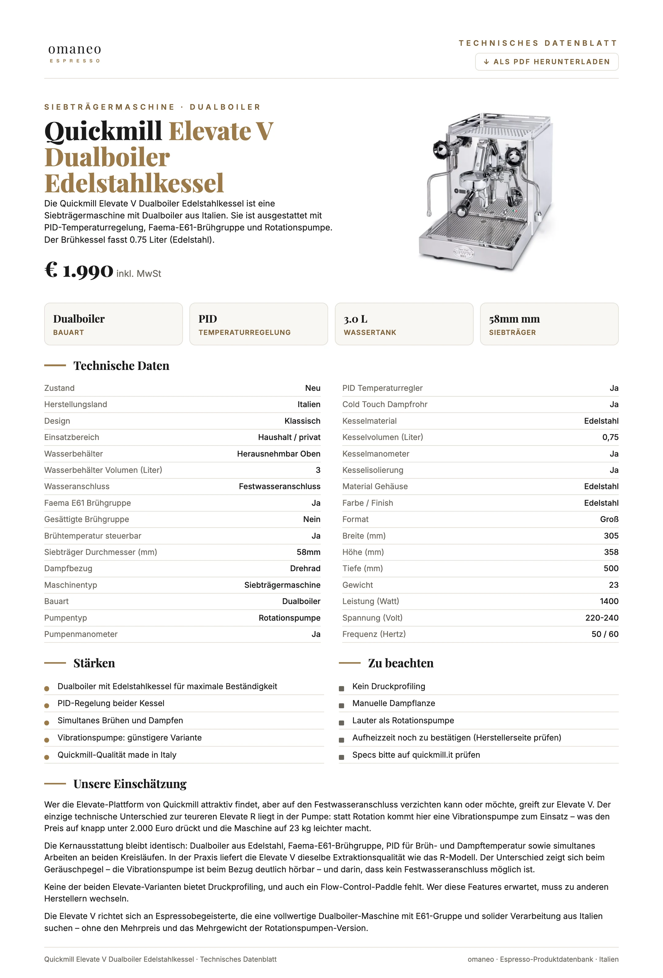 Technisches Datenblatt Elevate V Dualboiler Edelstahlkessel