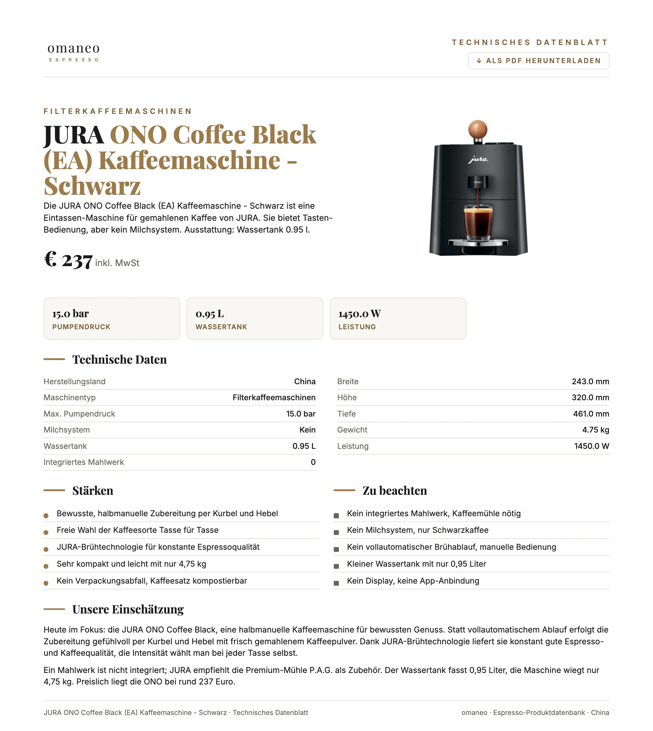Technisches Datenblatt ONO Coffee Black (EA) Kaffeemaschine - Schwarz