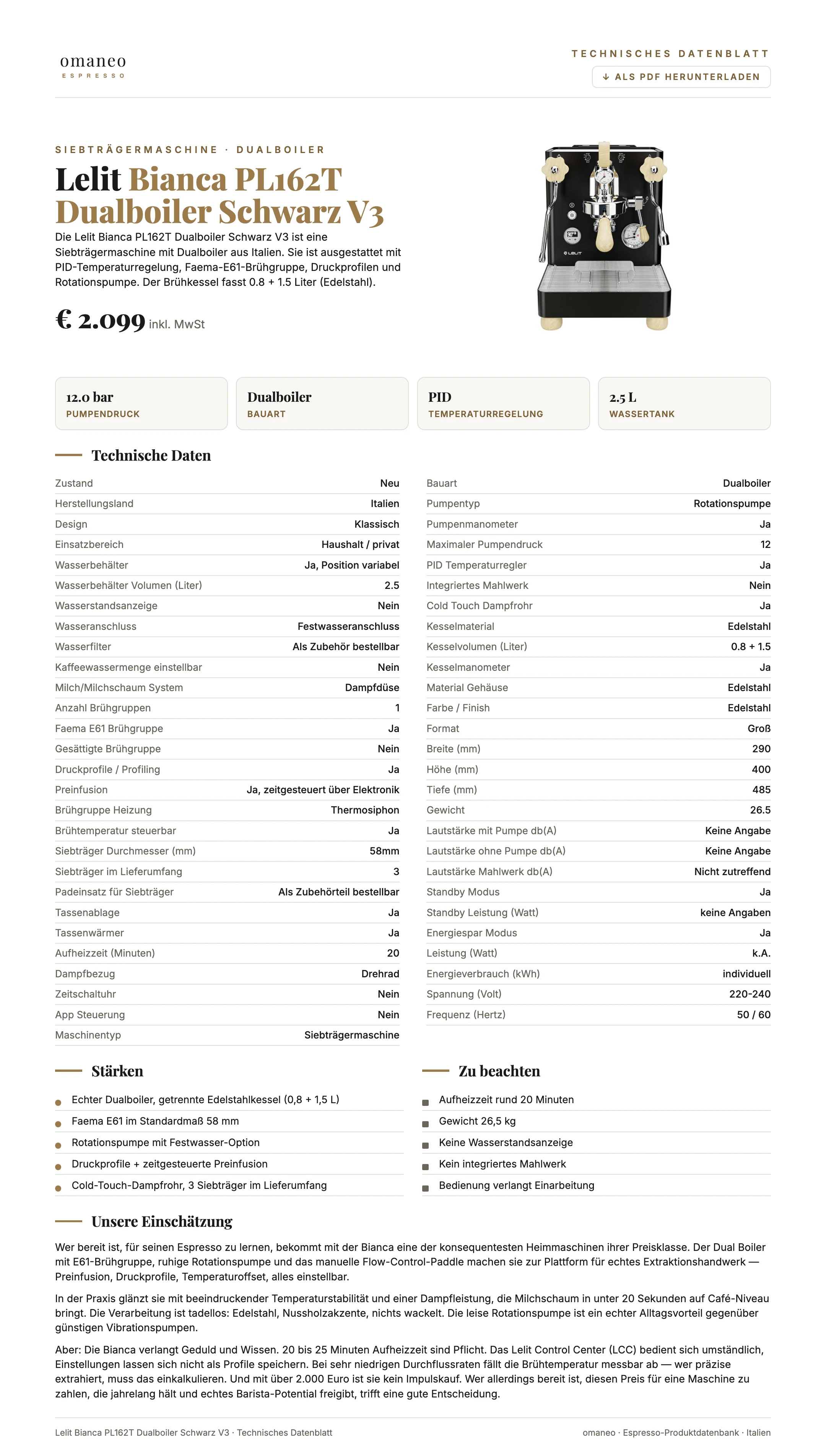 Technisches Datenblatt Bianca PL162T Dualboiler Schwarz V3
