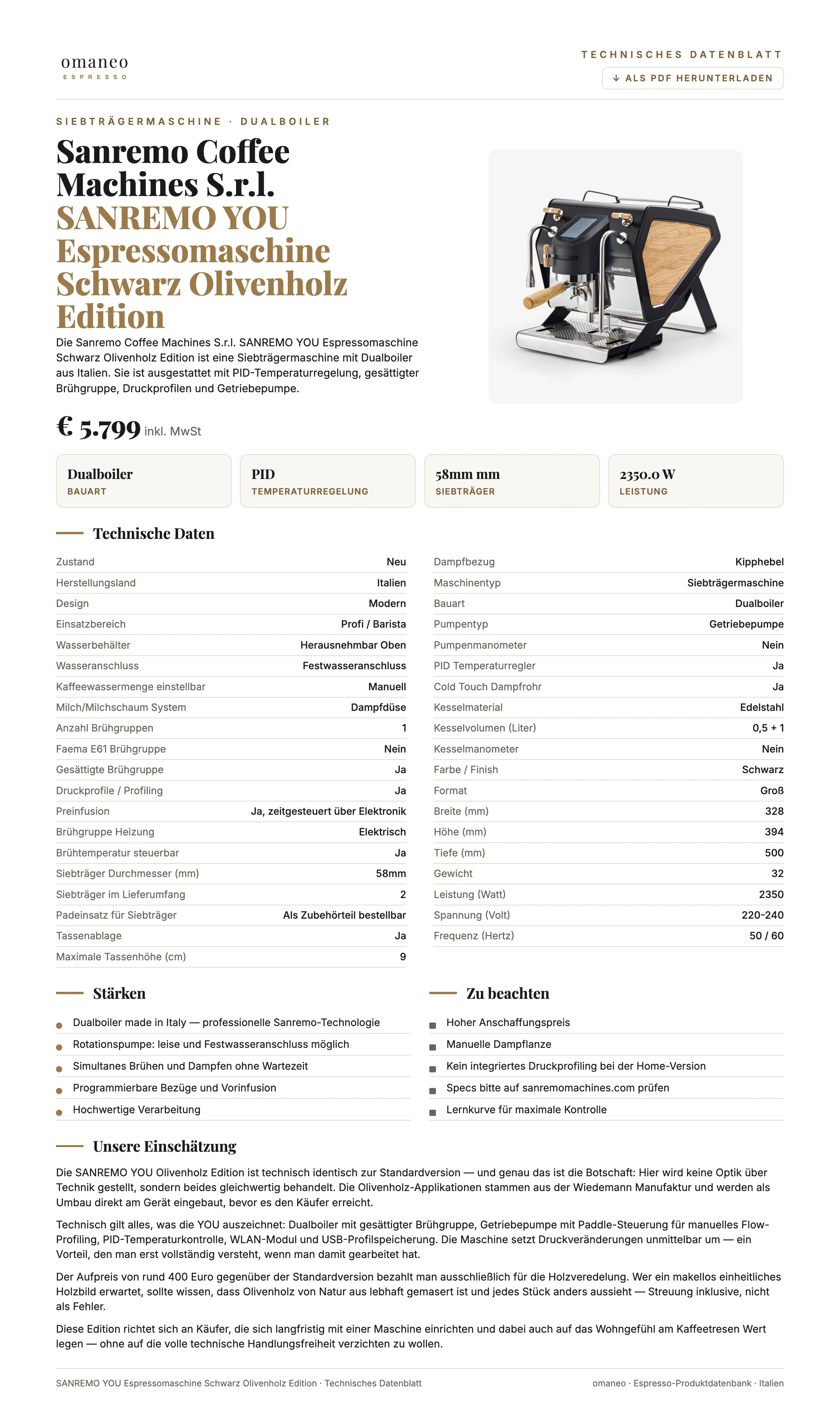 Technisches Datenblatt SANREMO YOU Espressomaschine Schwarz Olivenholz Edition