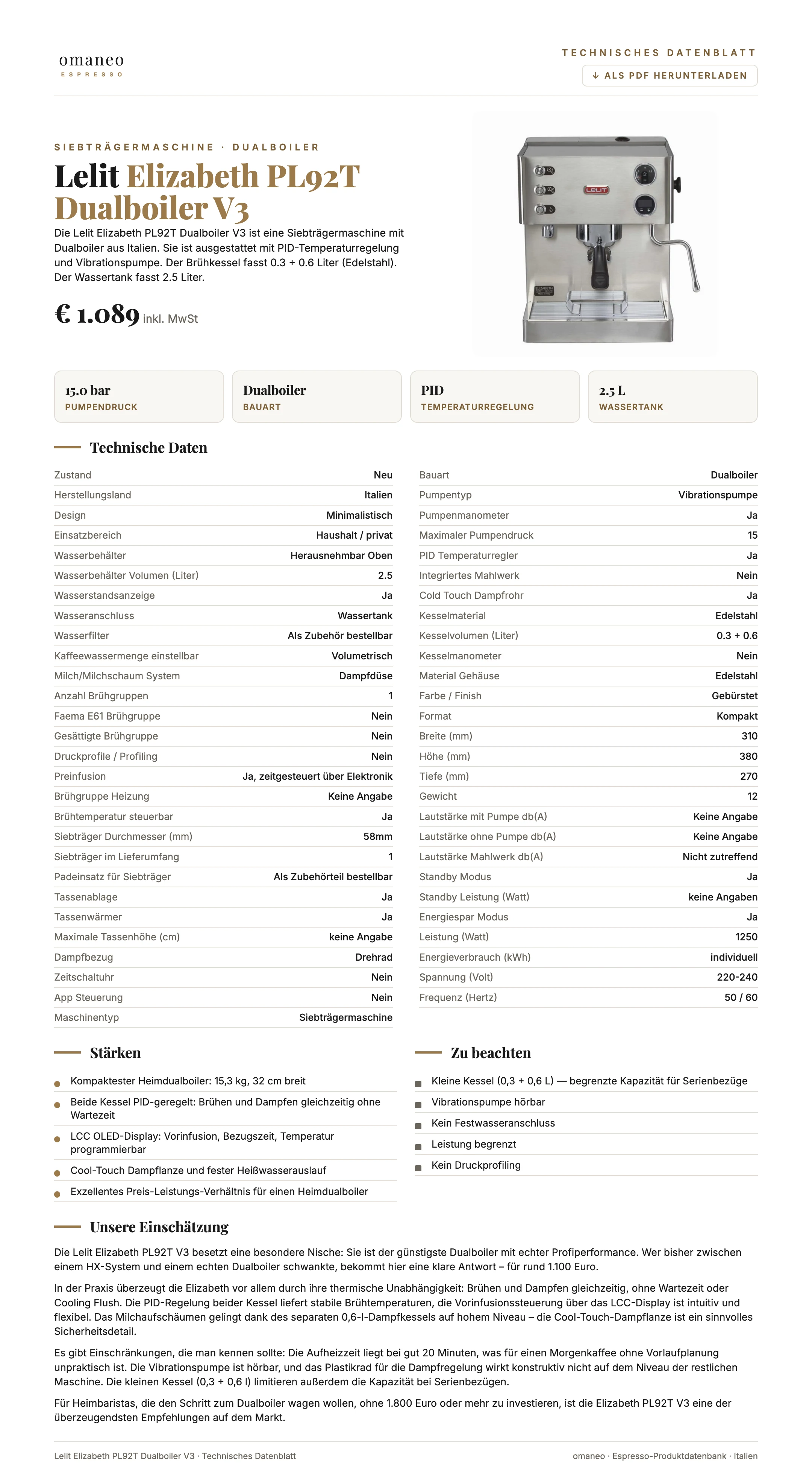Technisches Datenblatt Elizabeth PL92T Dualboiler V3