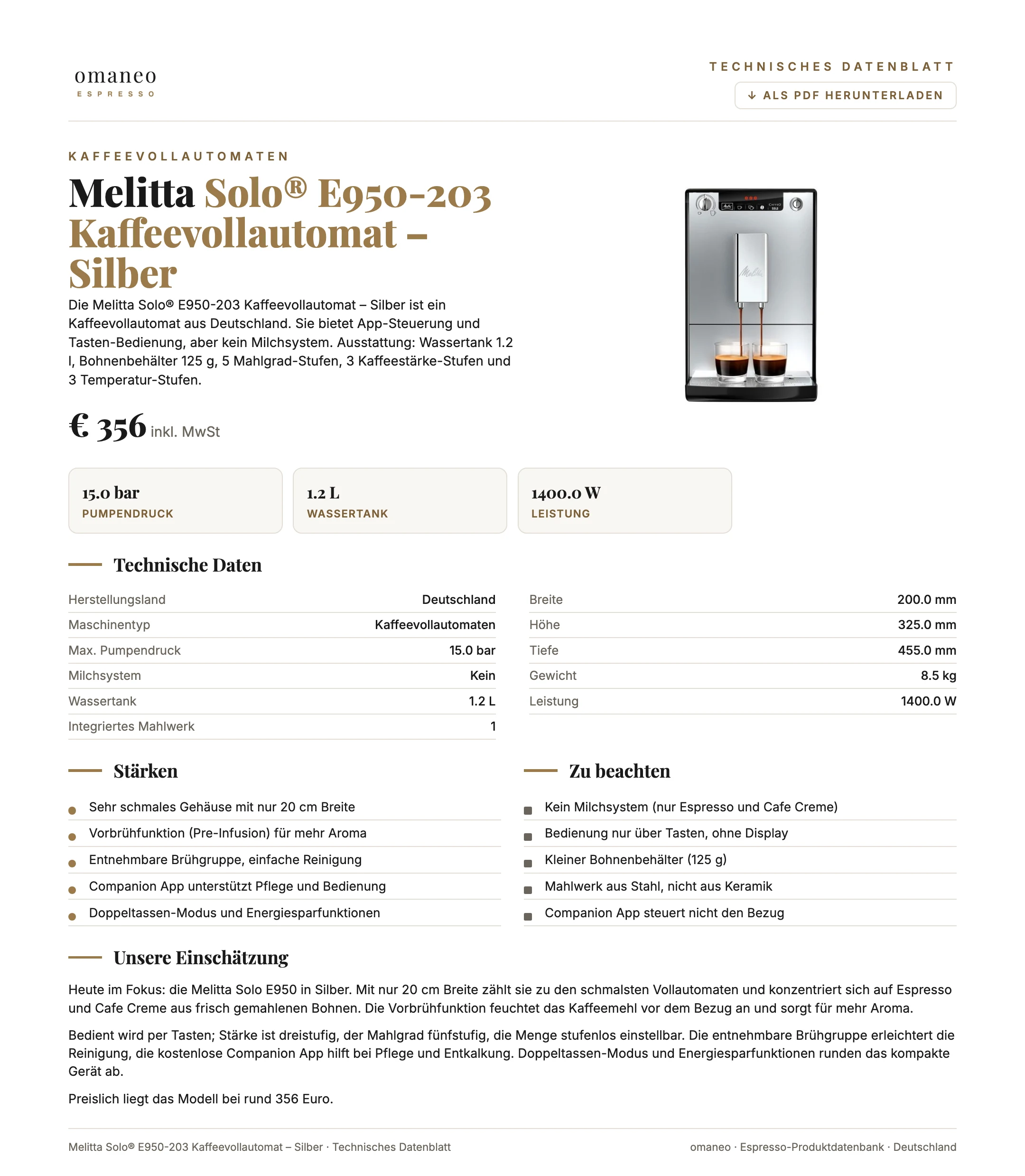 Technisches Datenblatt Solo® E950-203 Kaffeevollautomat – Silber