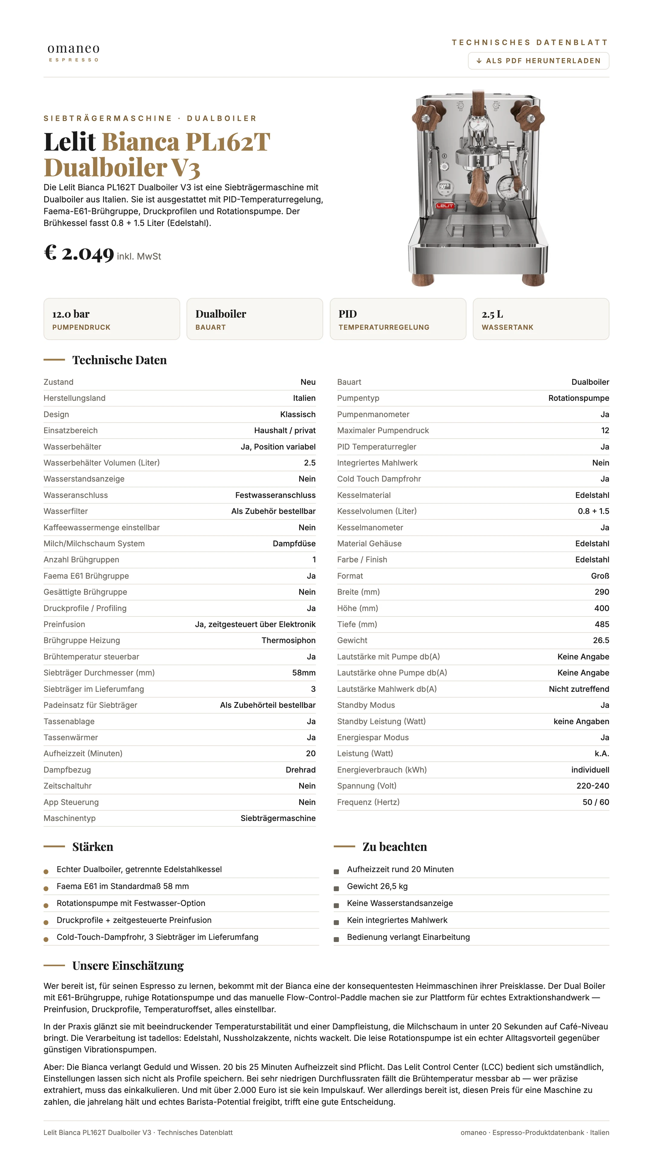 Technisches Datenblatt Bianca PL162T Dualboiler V3