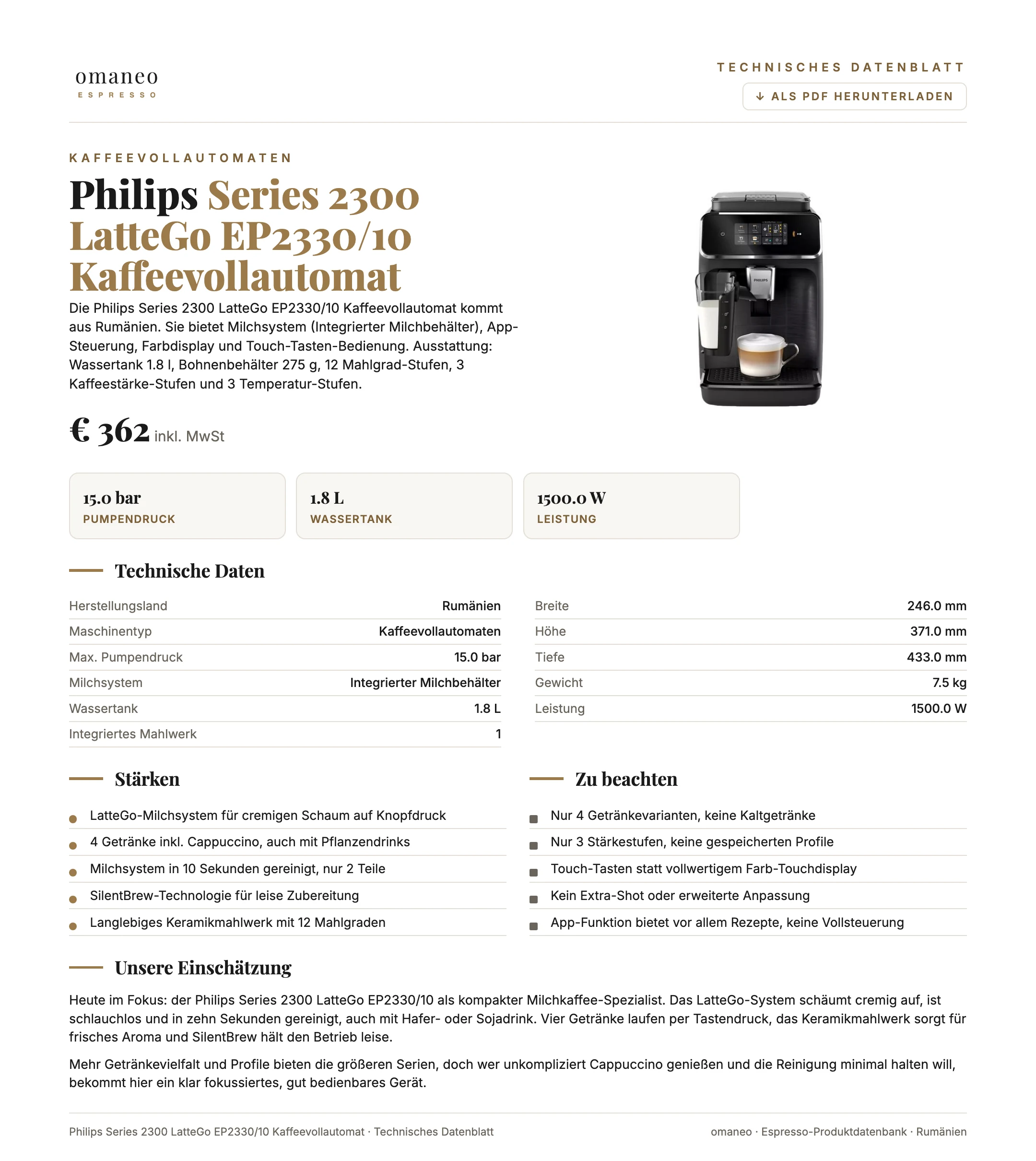 Technisches Datenblatt Series 2300 LatteGo EP2330/10 Kaffeevollautomat