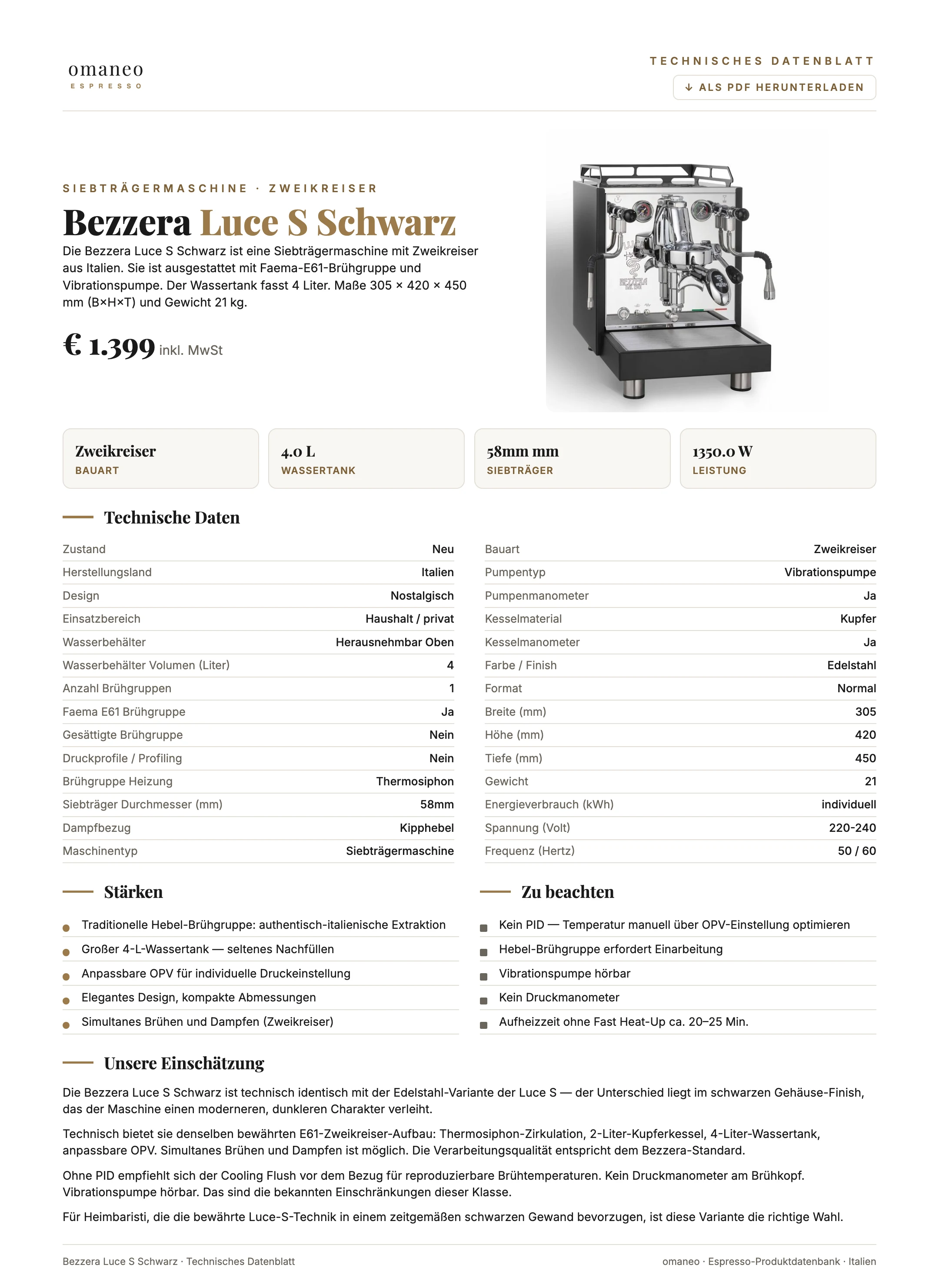 Technisches Datenblatt Luce S Schwarz