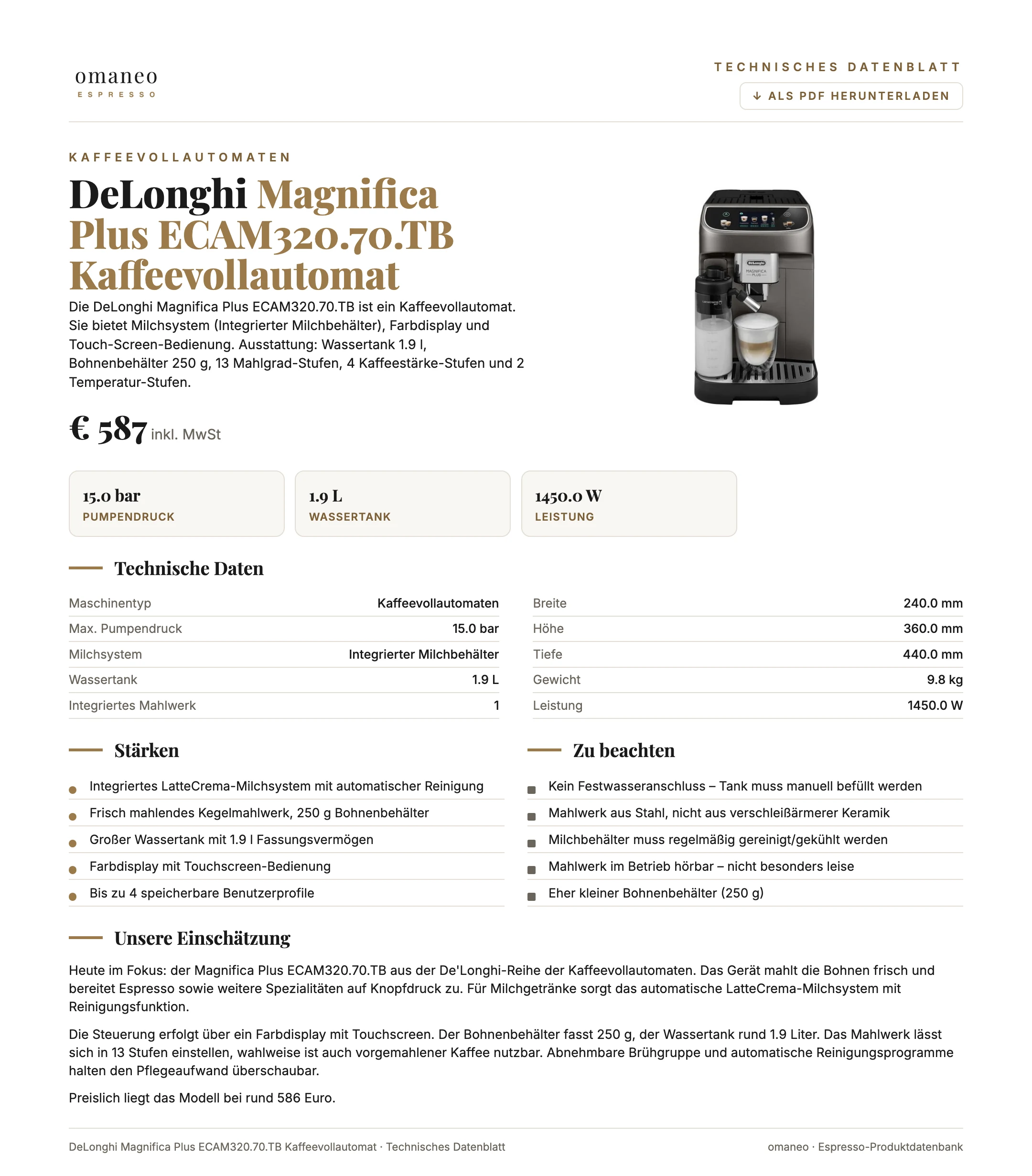 Technisches Datenblatt Magnifica Plus ECAM320.70.TB Kaffeevollautomat