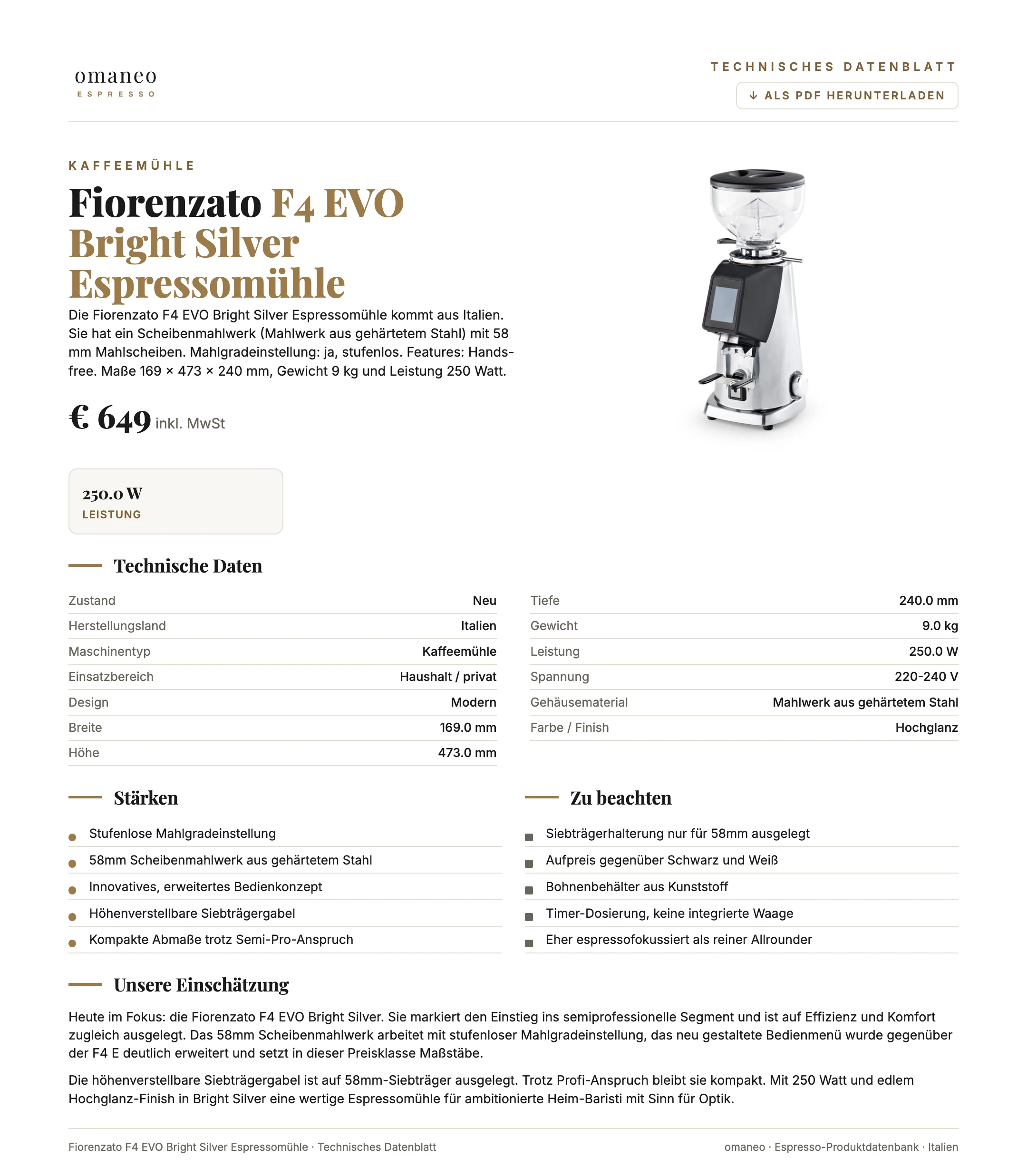 Technisches Datenblatt F4 EVO Bright Silver Espressomühle