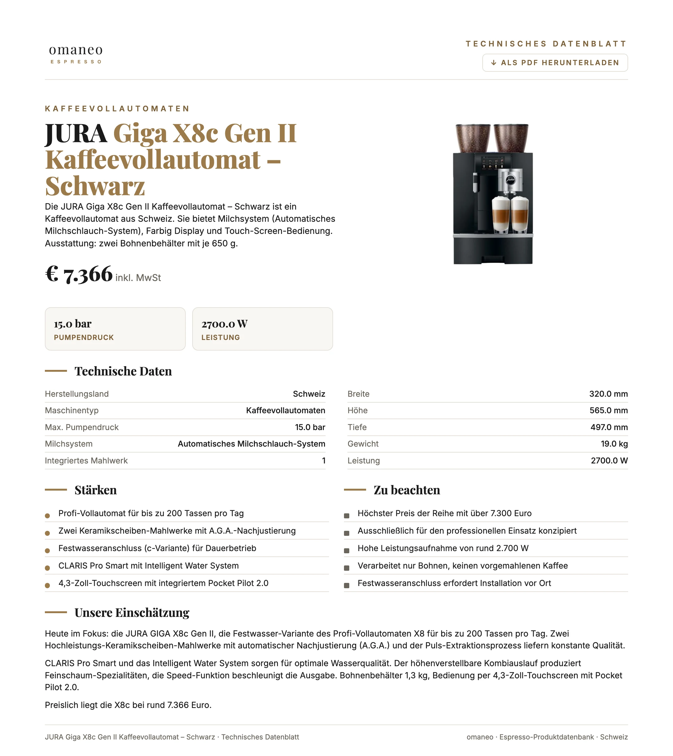 Technisches Datenblatt Giga X8c Gen II Kaffeevollautomat – Schwarz
