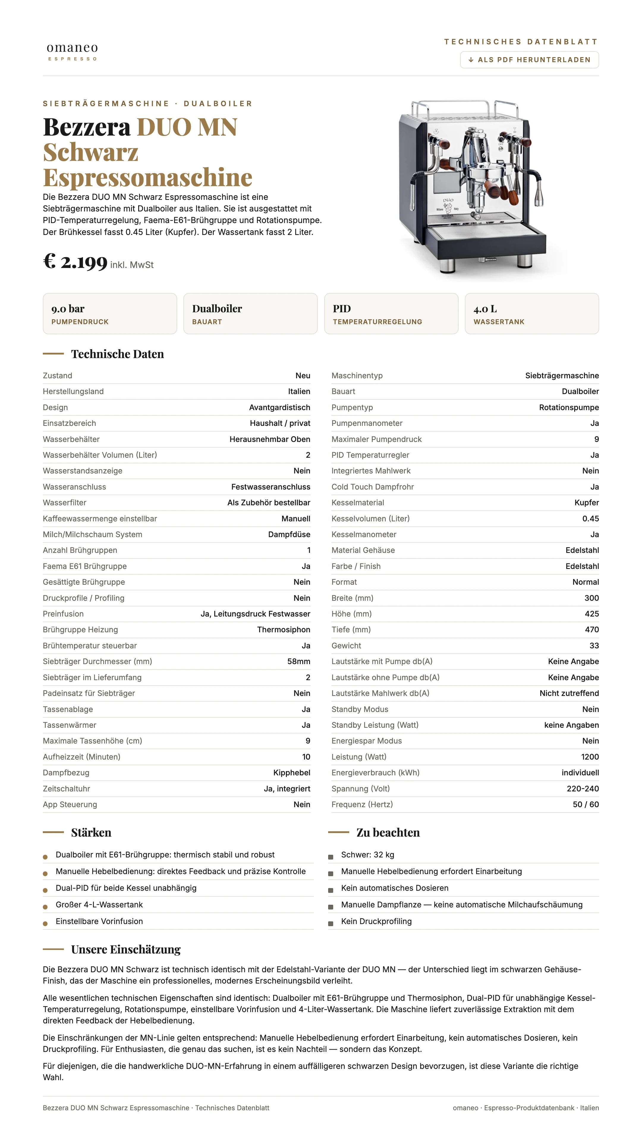 Technisches Datenblatt DUO MN Schwarz Espressomaschine